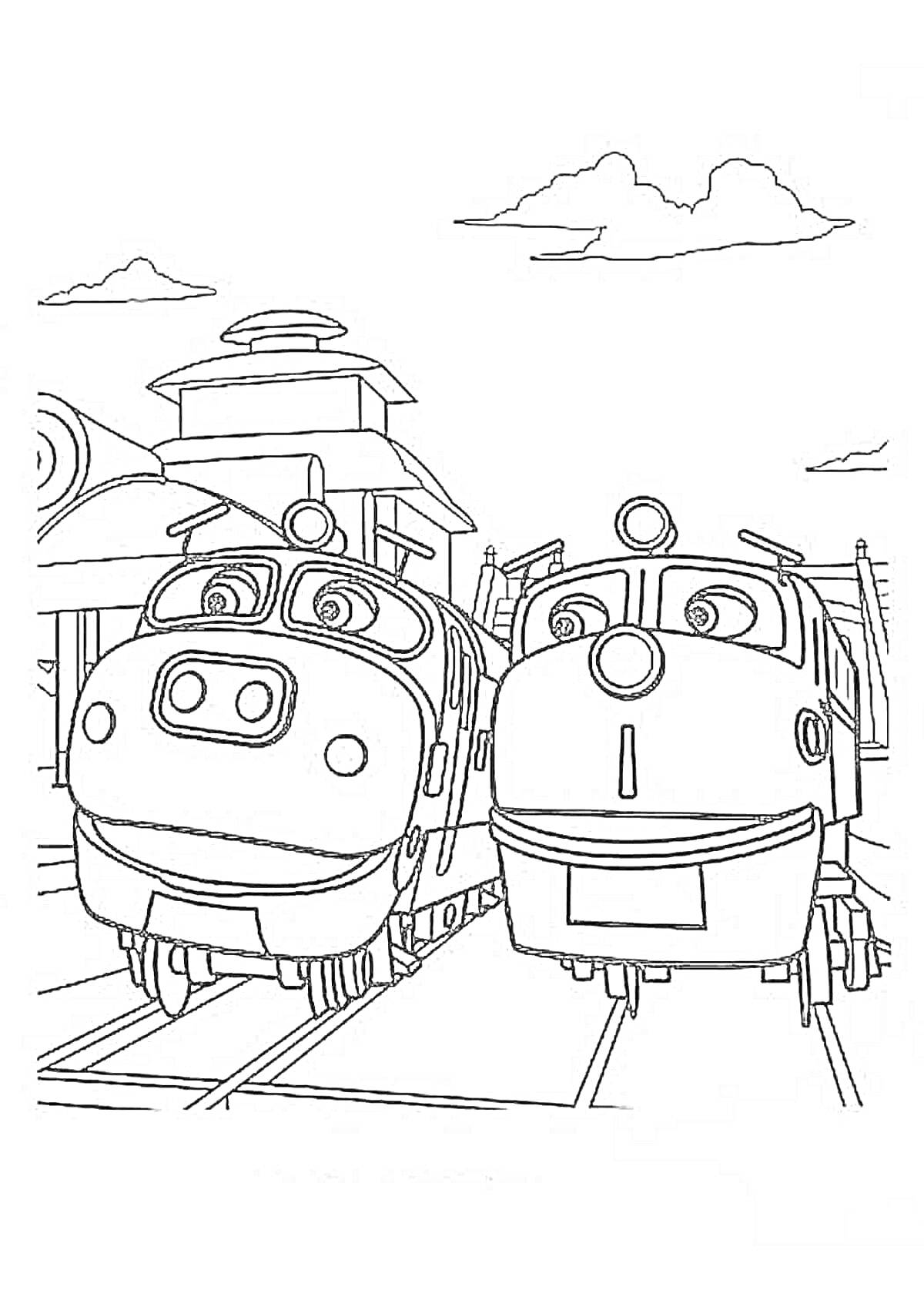 Раскраска Два паровозика из Чаггингтона на железнодорожных путях у станции