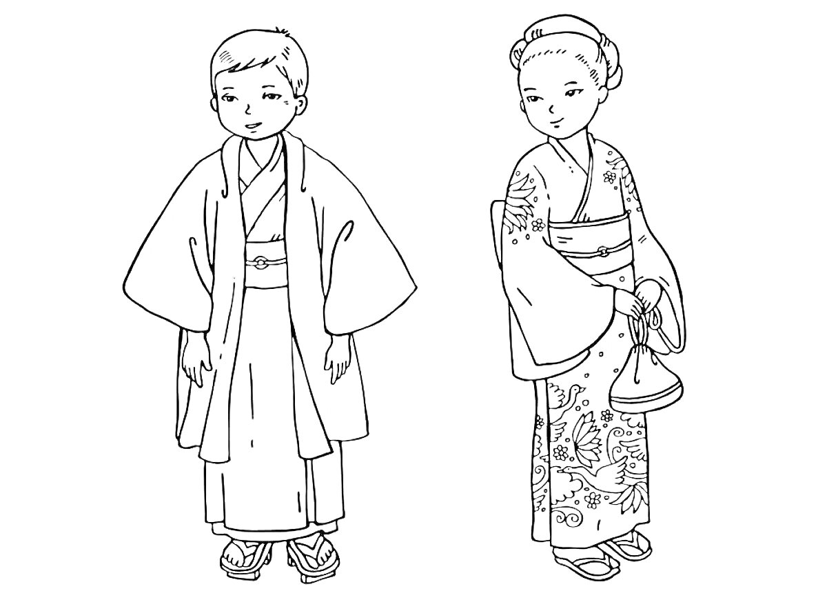 На раскраске изображено: Япония, Кимоно, Традиционная одежда, Одежда, Мальчик, Девочка