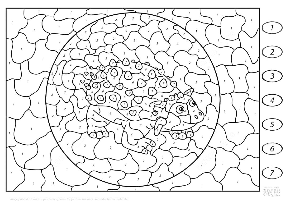 Раскраска Динозавр среди камней в круге