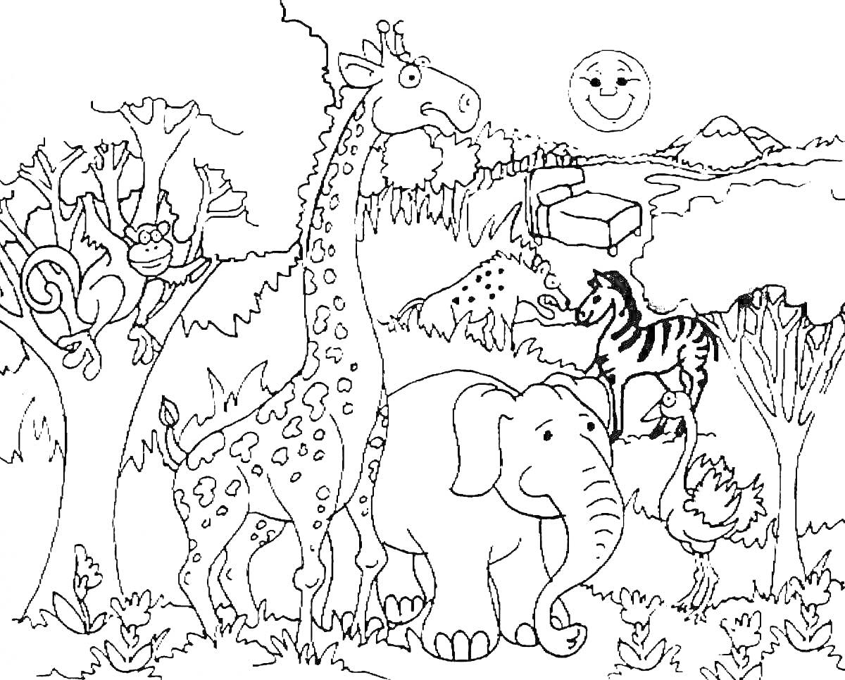 На раскраске изображено: Африка, Животные, Слон, Птица, Деревья, Солнце, Горы