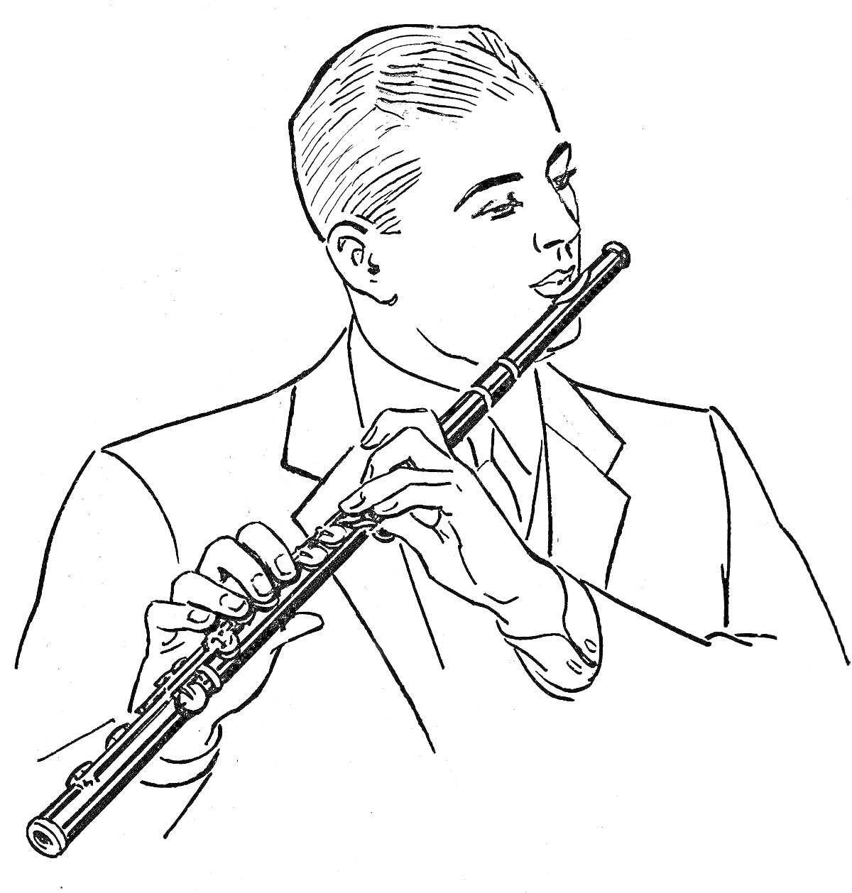 На раскраске изображено: Музыка, Флейта, Мужчина, Костюм, Инструмент, Иллюстрация