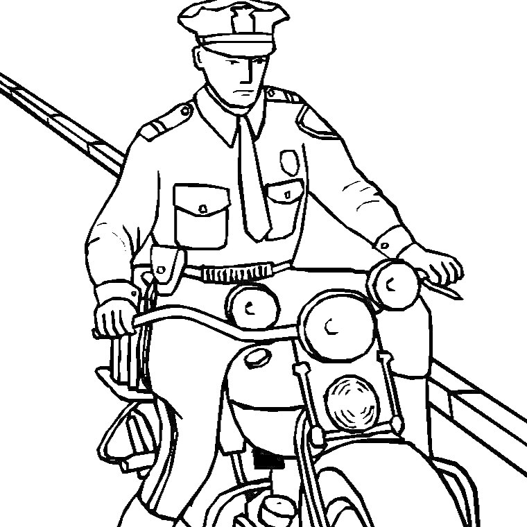 Раскраска Полицейский на мотоцикле на фоне улицы