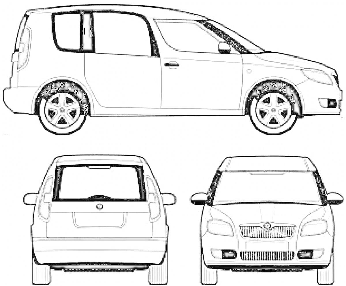 Раскраска Шкода Октавия, вид сбоку, вид сзади, вид спереди