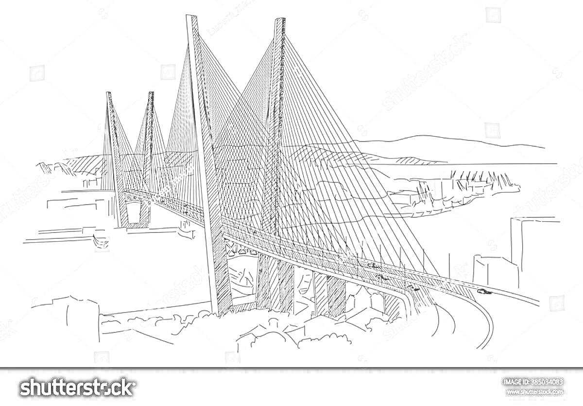 Раскраска Мост через бухту Золотой Рог во Владивостоке, с линией горизонта и береговой линией на заднем плане.