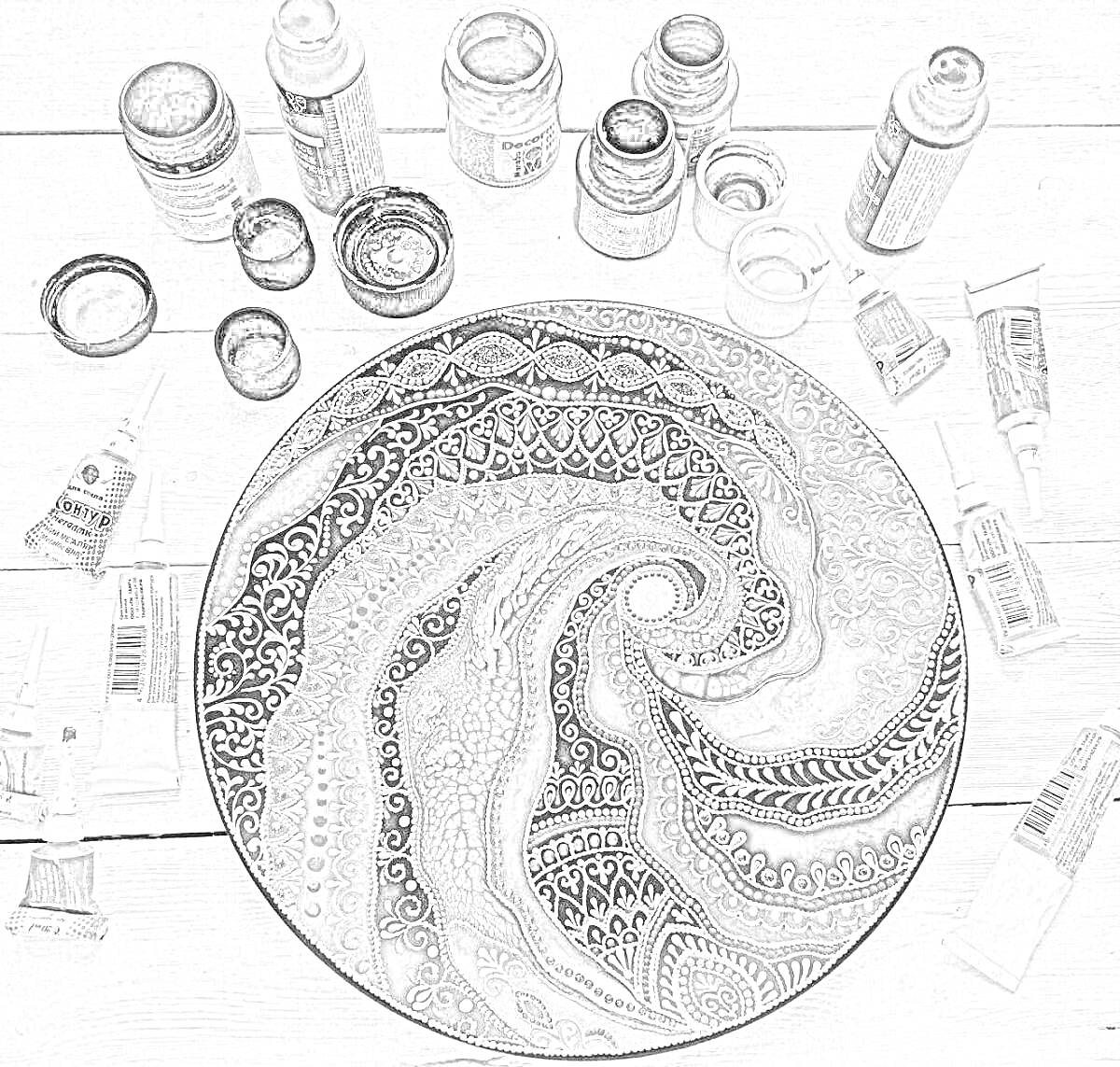 На раскраске изображено: Тарелка, Акриловые краски, Абстрактный узор, Художественные материалы, Творчество, Роспись, Картон, Краски, Кисти