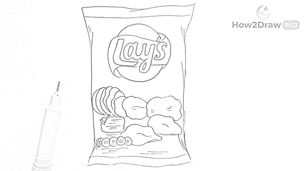 Раскраска Пакет чипсов Lay's с изображением чипсов и надписью Lay's, карандаш для рисования сбоку