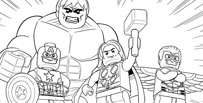 Лего персонажи Марвел: Халк с сердитым лицом, Капитан Америка со щитом, Тор с молотом и еще один герой с крыльями