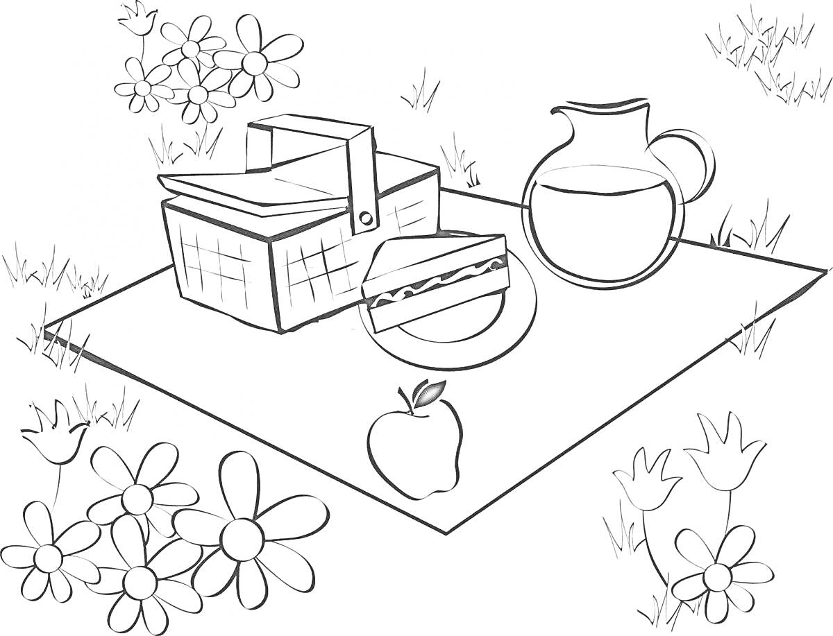 Раскраска Пикник с корзинкой, напитком, бутербродом и яблоком на одеяле