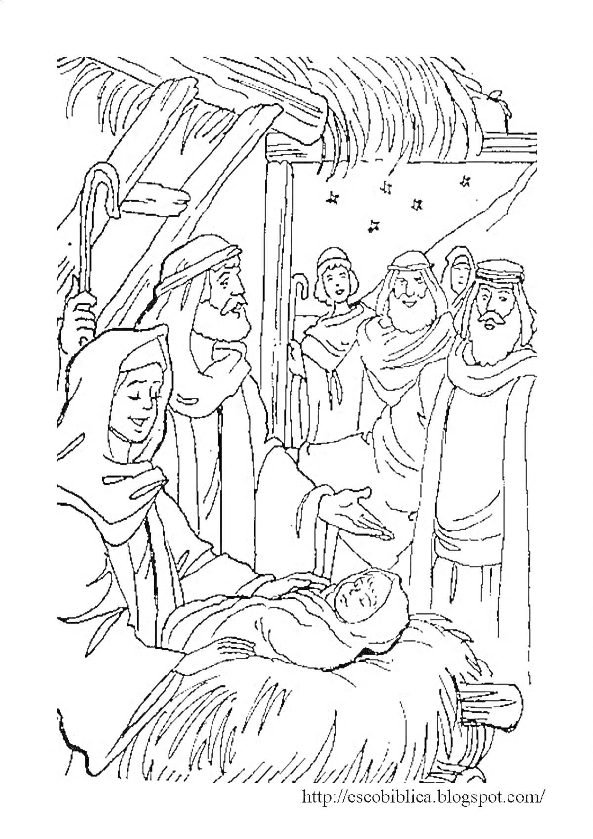 На раскраске изображено: Рождение Иисуса, Ясли, Мария, Иосиф, Пастухи, Волхвы, Звезды, Навес, Христианство, Религия, Рождество, Библейская сцена