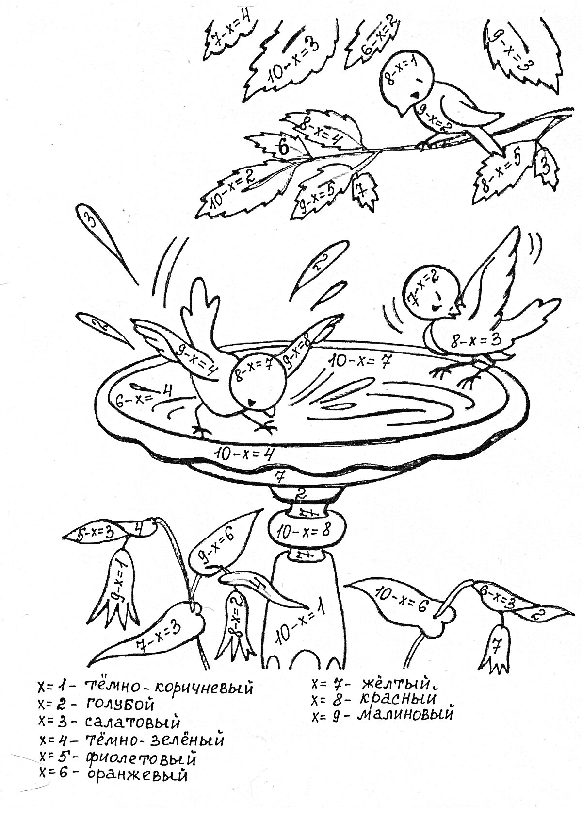 Раскраска Птицы на ветках и у фонтана с уравнениями для раскрашивания