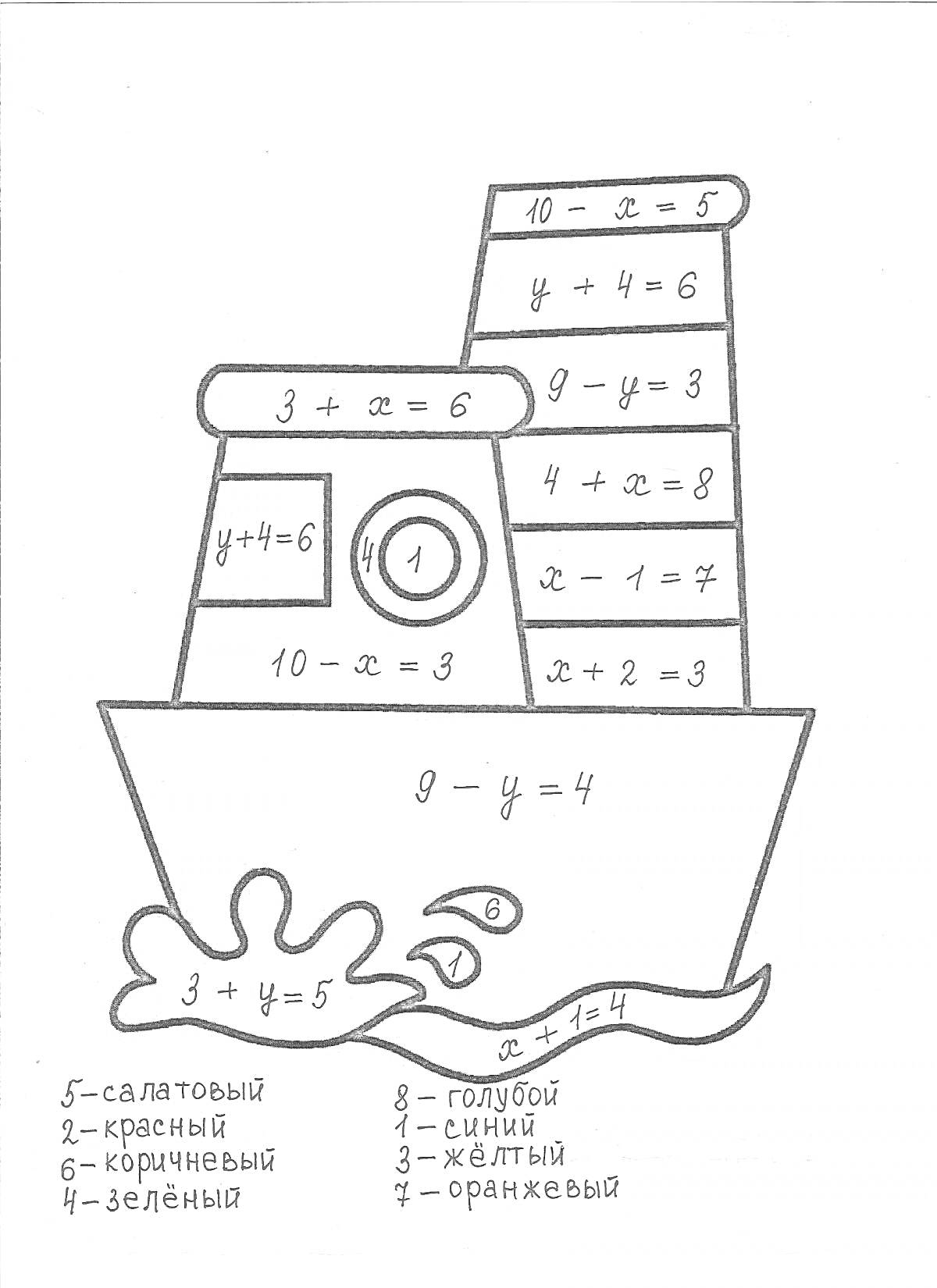 Раскраска Математические уравнения второго класса на корабле с указанием цветов