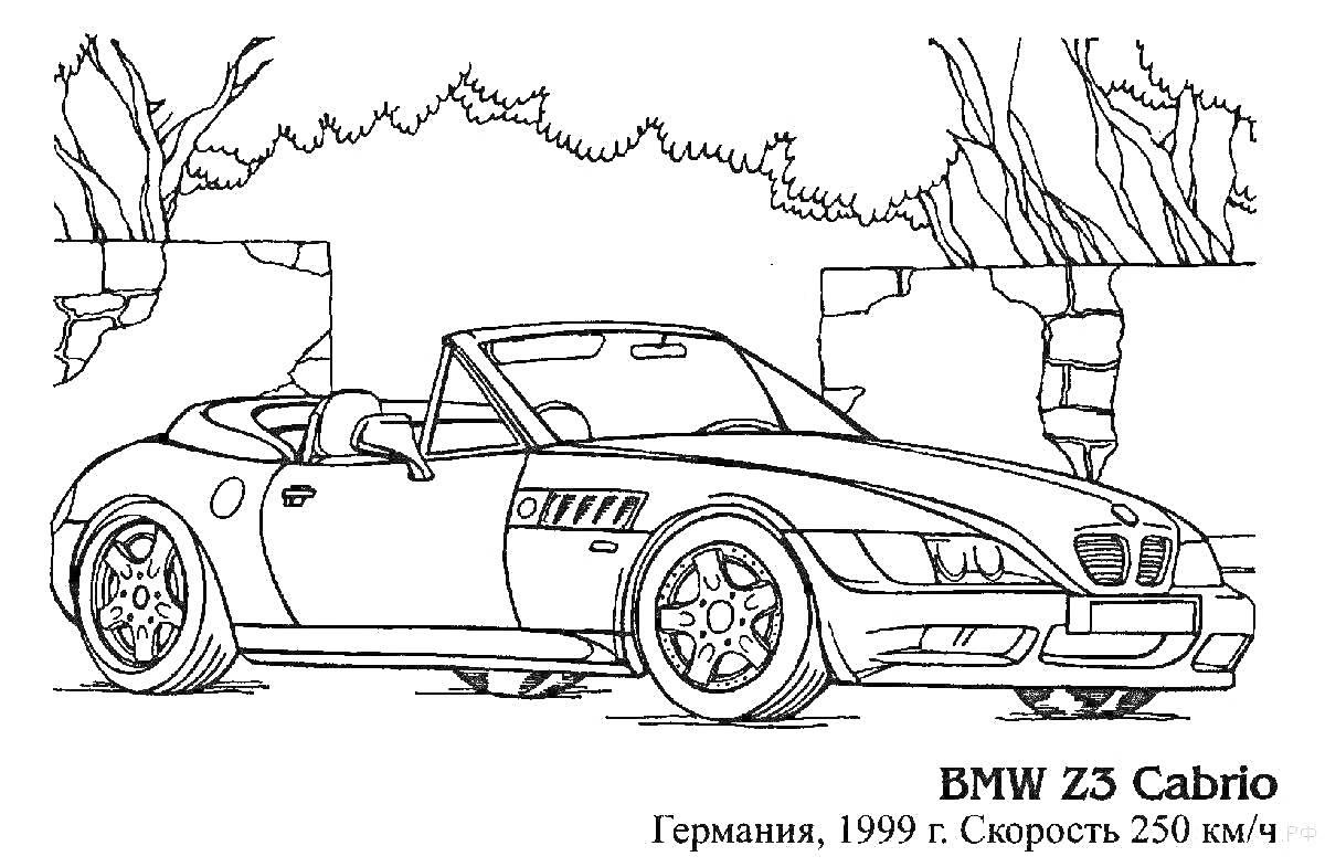 Раскраска BMW Z3 Cabrio на фоне кирпичной стены с деревьями