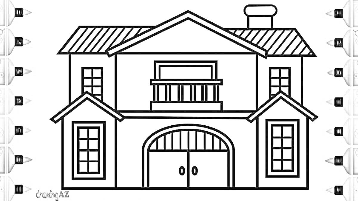 Раскраска Двухэтажный дом с гаражом, мансардной крышей, балконом и трубой