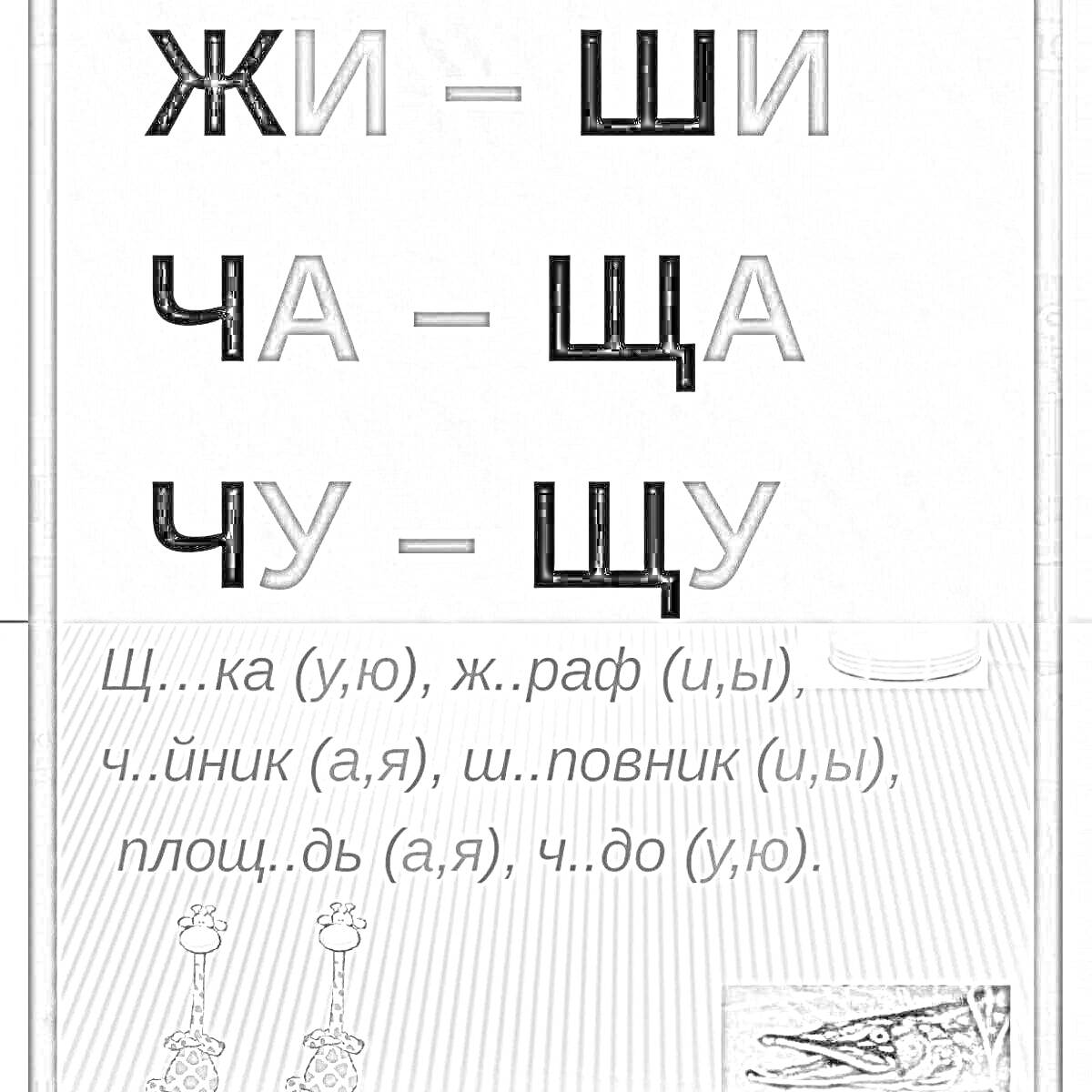 На раскраске изображено: Примеры слов, Правописание, Русский язык