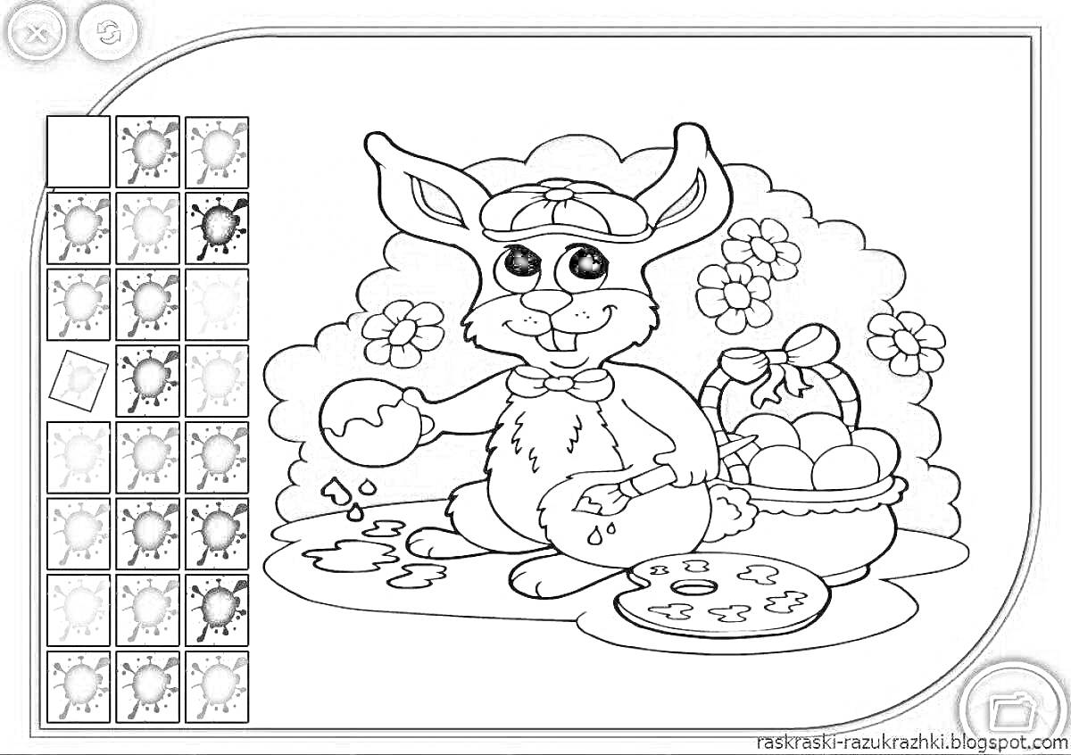 На раскраске изображено: Зайчик, Корзинка, Яйца, Цветы, Игры для детей, 4-5 лет