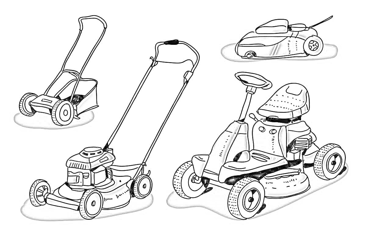 Раскраска Различные виды газонокосилок (ручная газонокосилка, электрическая газонокосилка с проводом, робот-газонокосилка и газонокосилка-трактор)