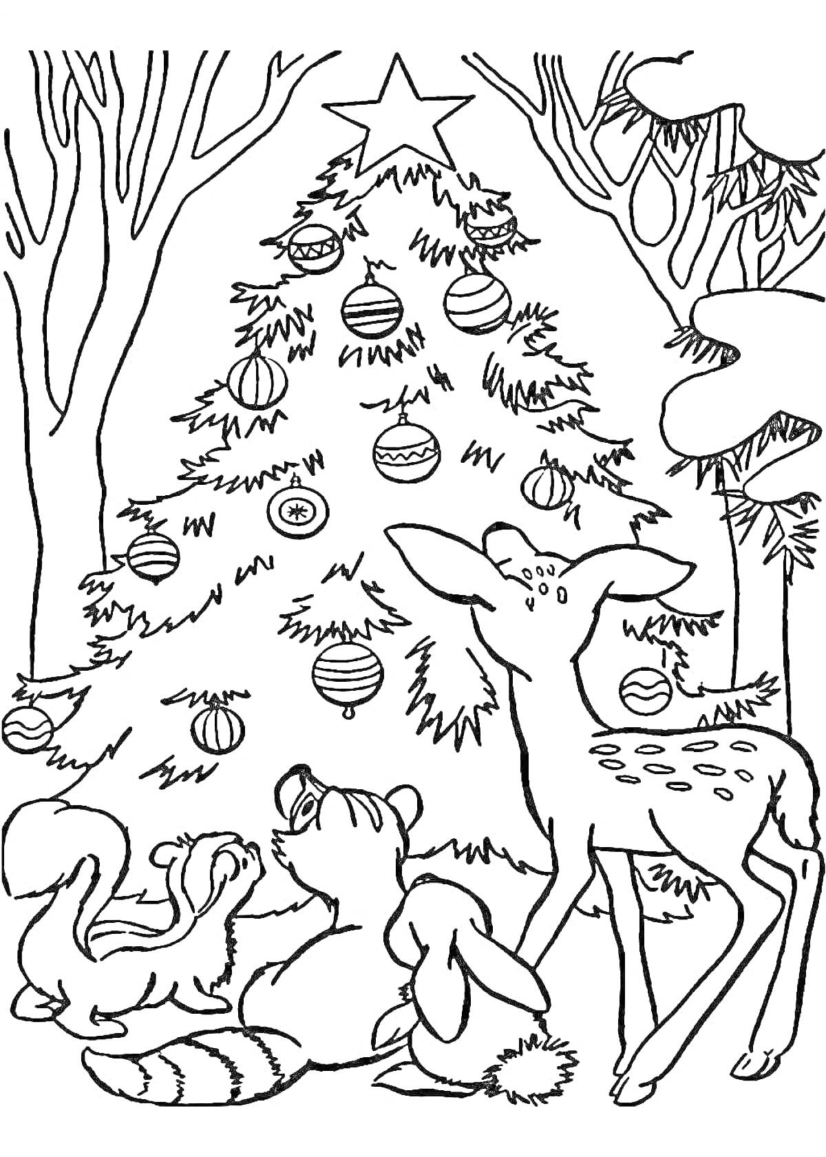 Раскраска Елка зимой в лесу с украшениями, олень, енот, зайчик и белка