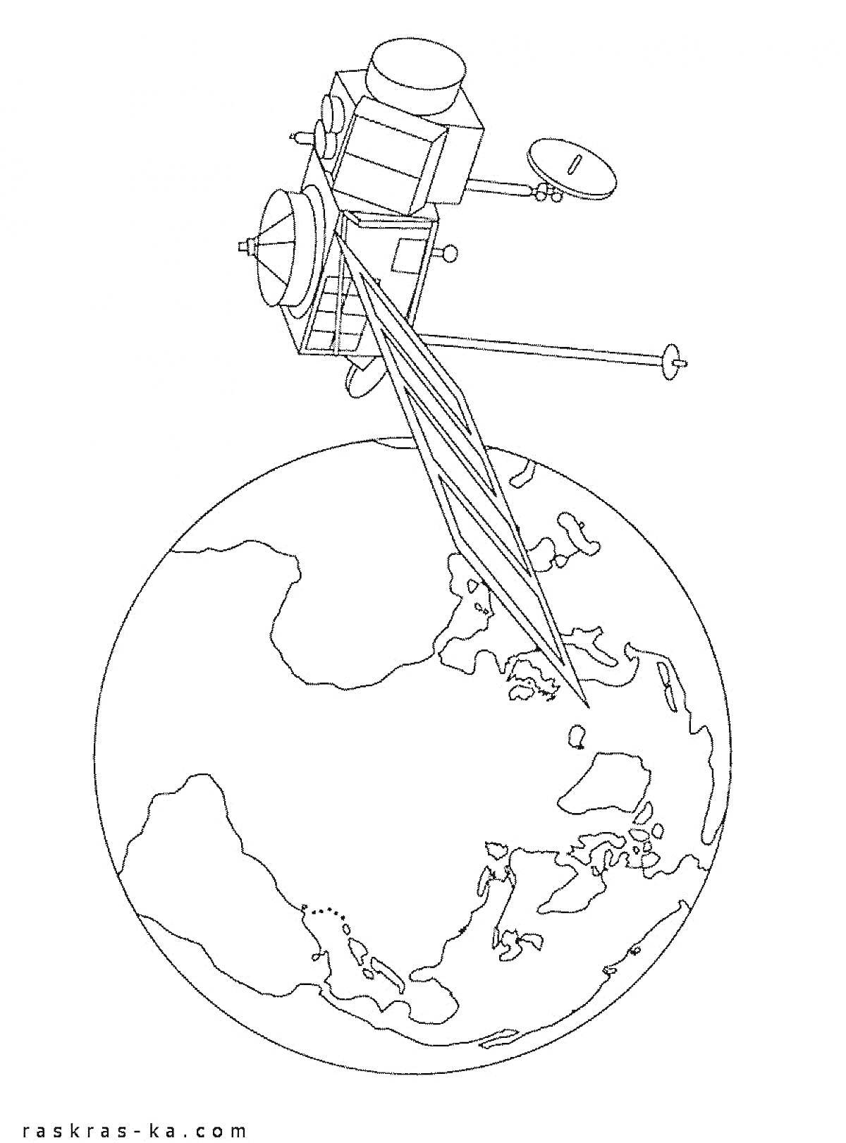 Раскраска Спутник над Землей, вид из космоса, показывающий электронику спутника, Землю и спутниковую антенну.