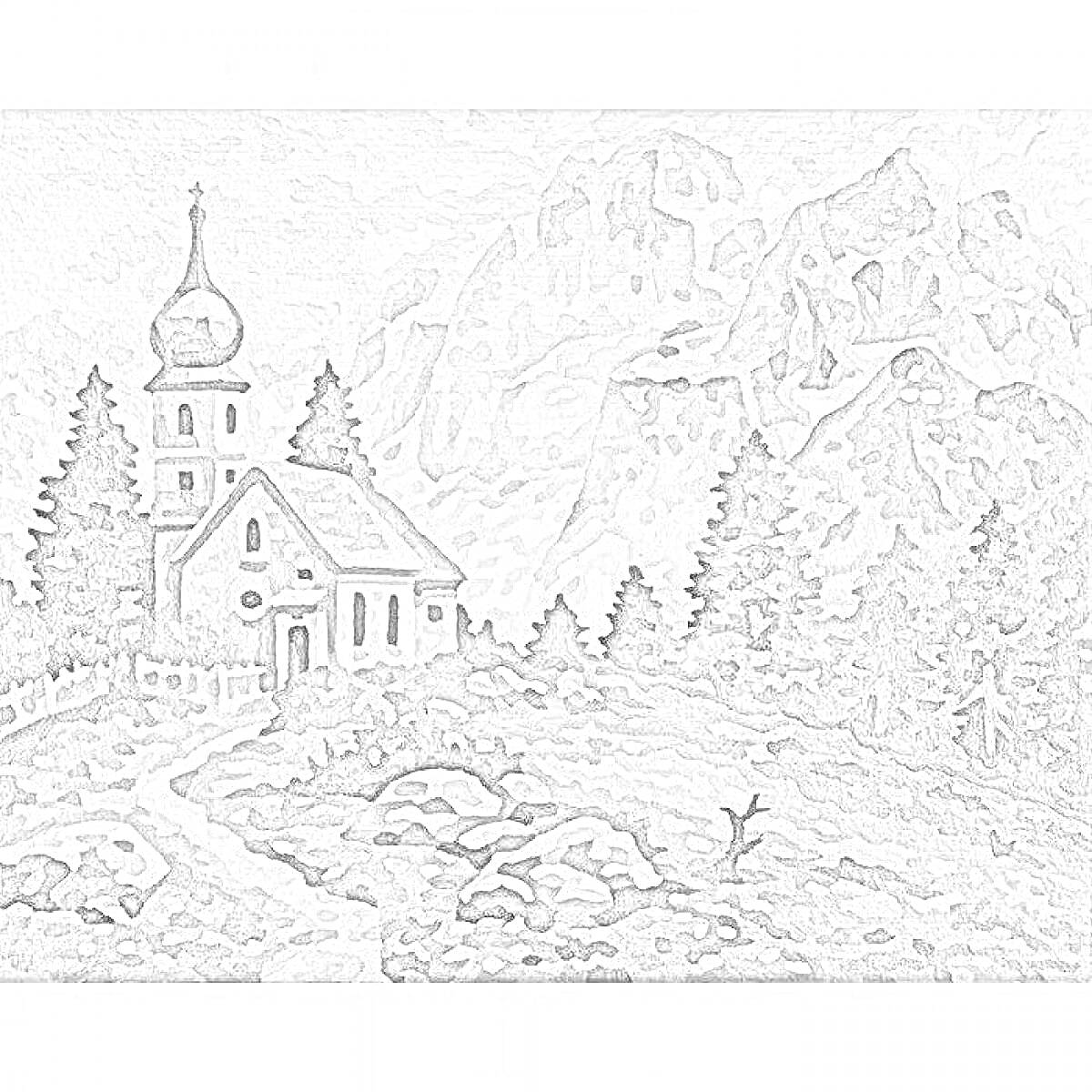 Раскраска Церковь в горах с тропинкой и деревьями перед массивными горными вершинами