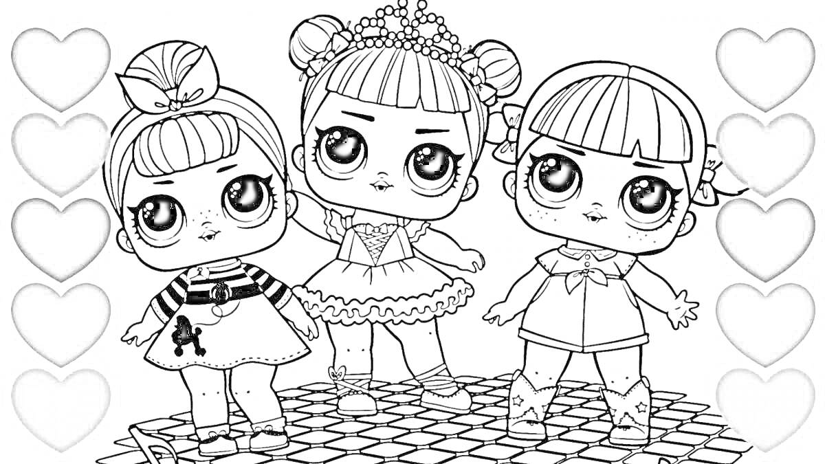 Раскраска Три куклы ЛОЛ на фоновой решетке с сердечками