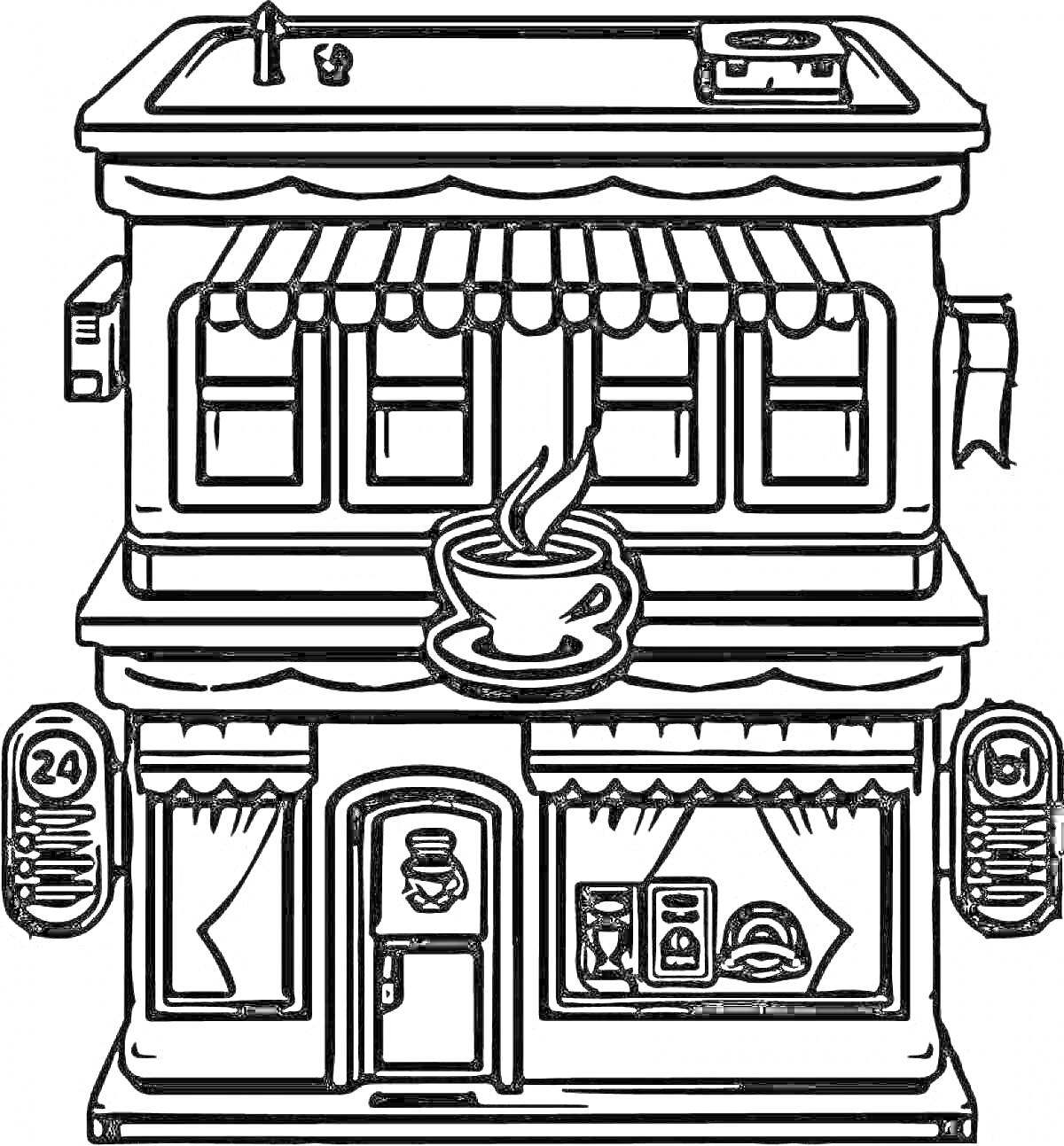 На раскраске изображено: Кафе, Кофейня, Витрина, Окна, Дверь, Кофе, Пар, Здание