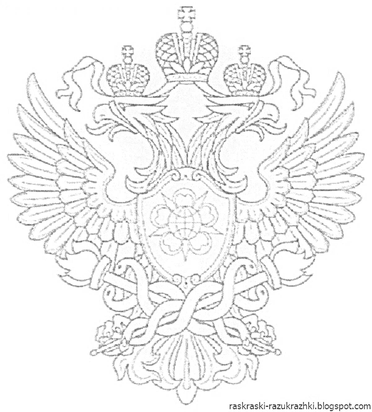 На раскраске изображено: Россия, Двуглавый орел, Скипетр, Держава, Символы, Российский герб, Флаг