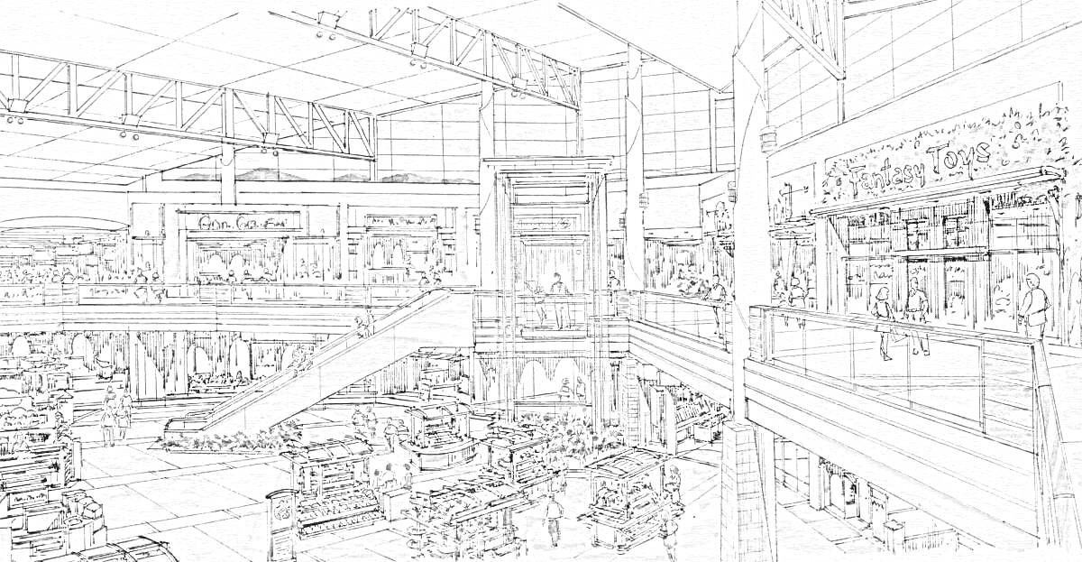 Раскраска Торговый центр с эскалаторами, витринами и людьми