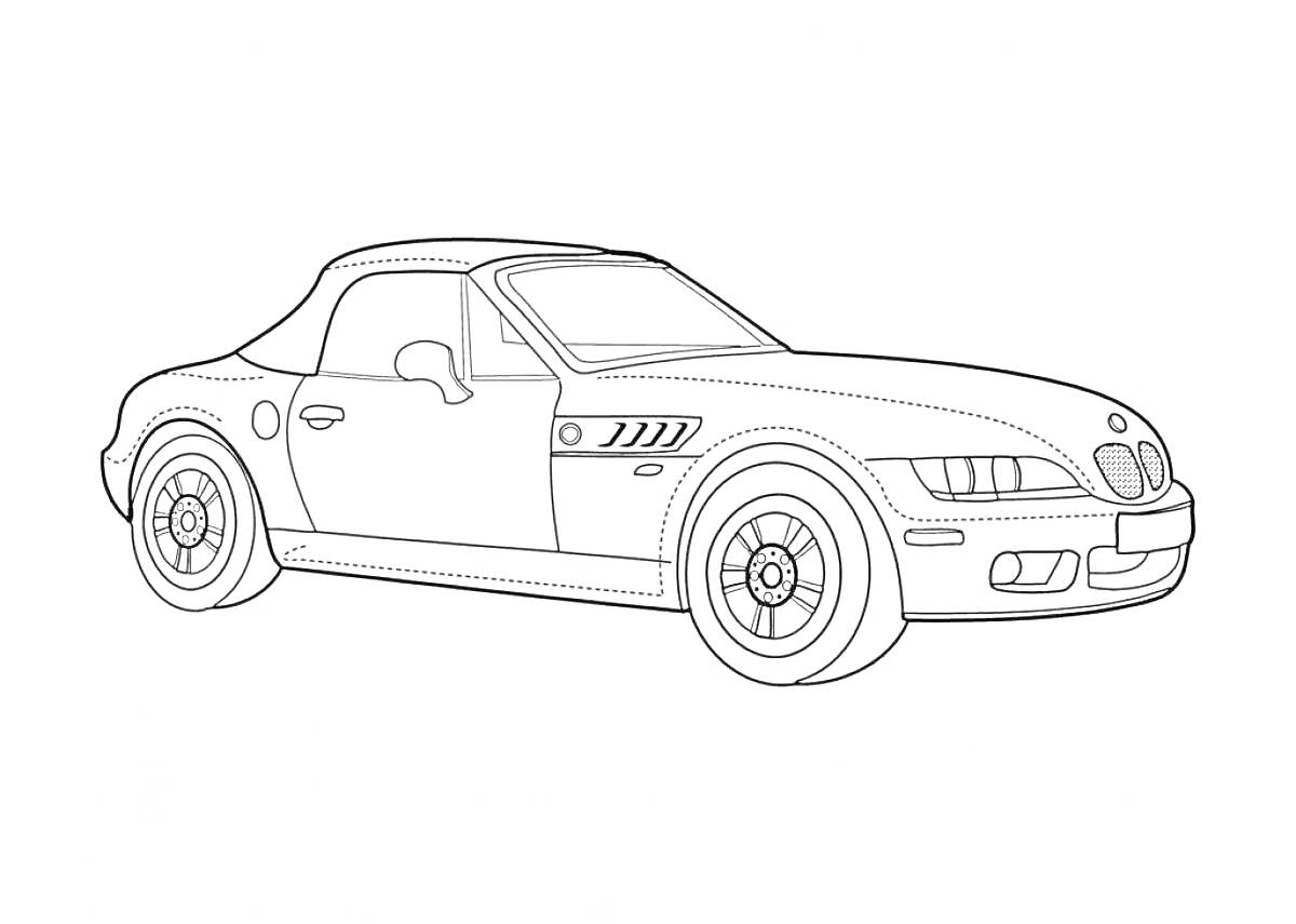 Раскраска Раскраска BMW спортивный кабриолет с элементами деталей кузова, капота, колёс и боковым зеркалом.