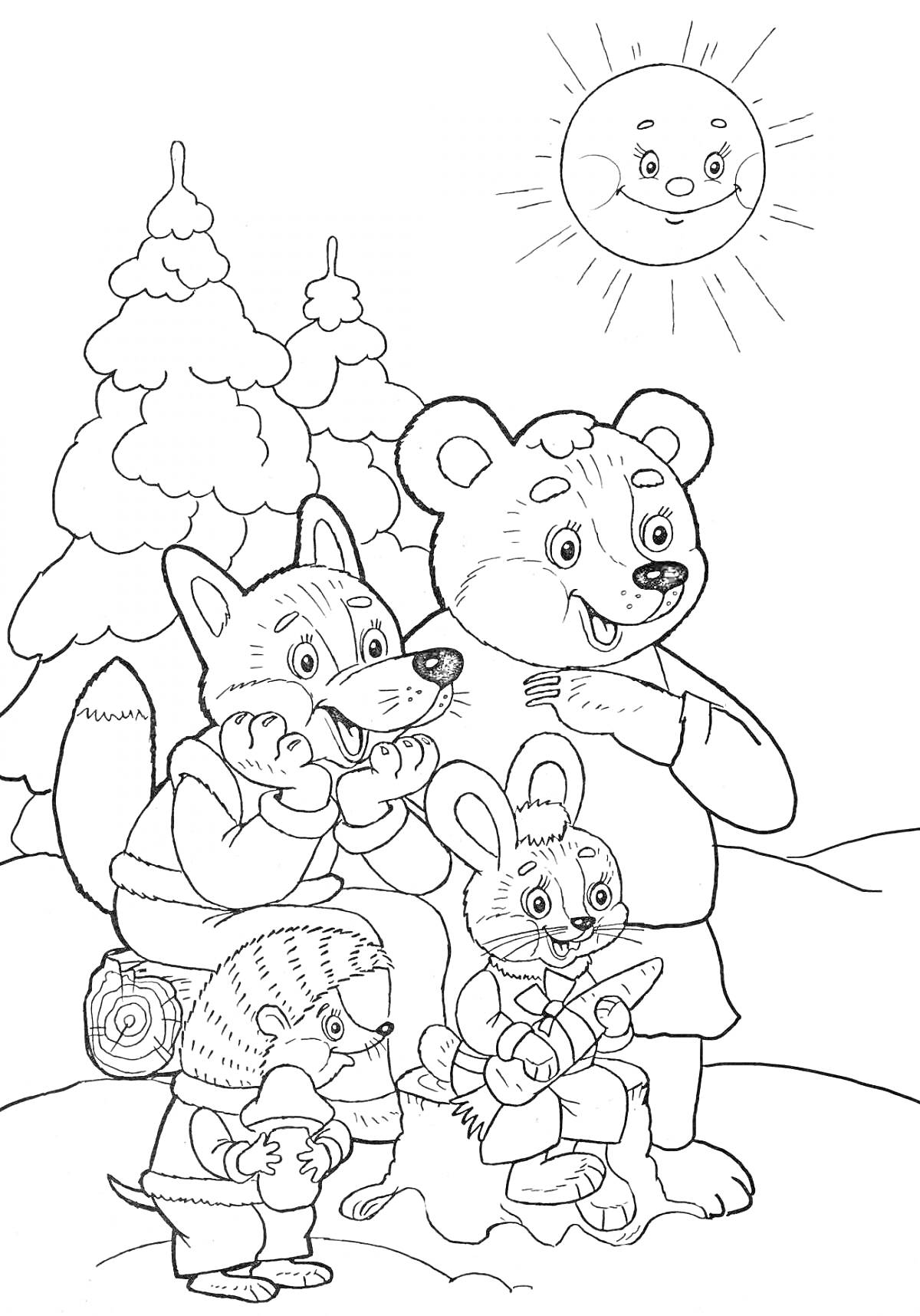 На раскраске изображено: Медведь, Лиса, Кролик, Солнце, Лес, Зима, Снег, Лесные животные, Еж