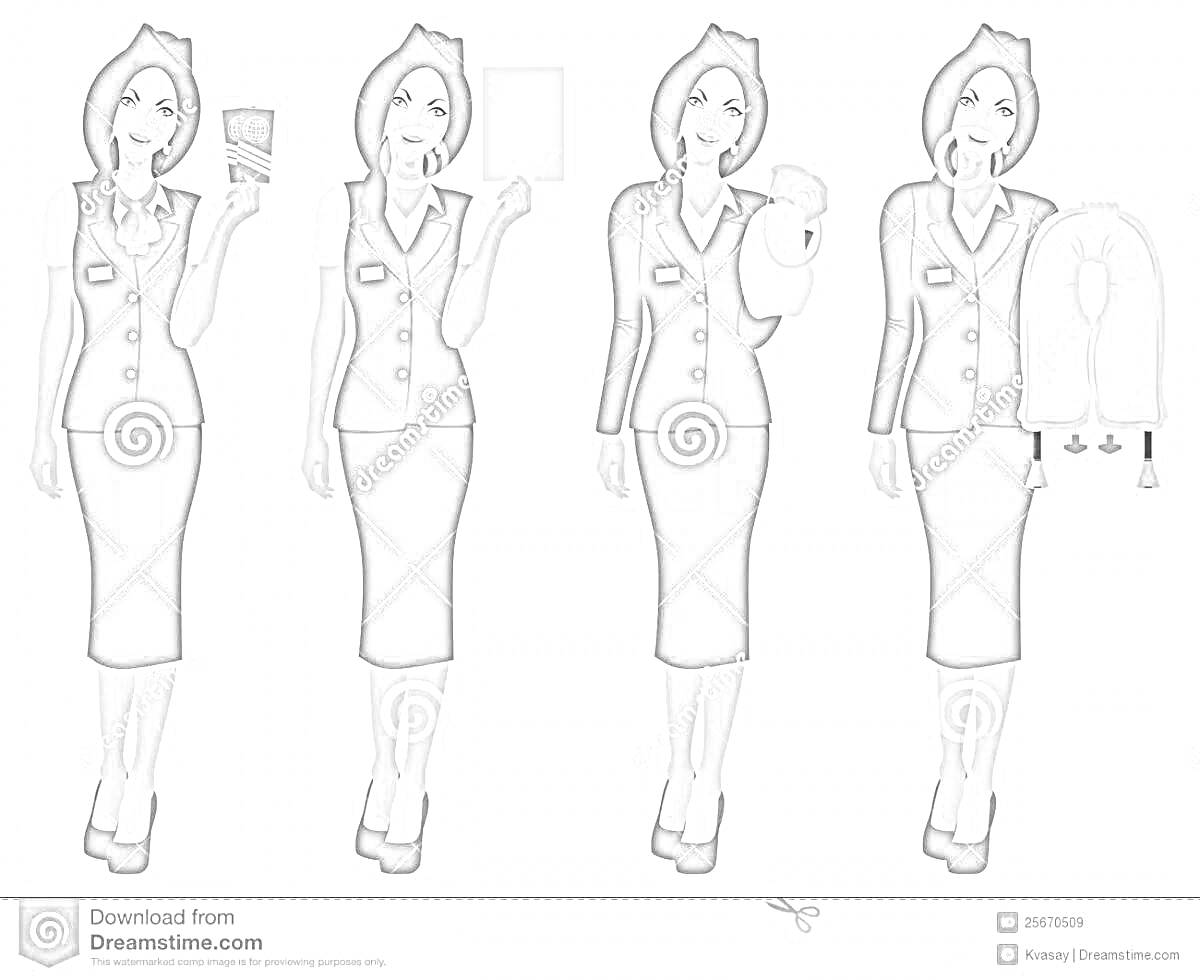 Раскраска Форменная одежда стюардесс и ее различные аксессуары (сумка, журнал, напиток, одеяло)