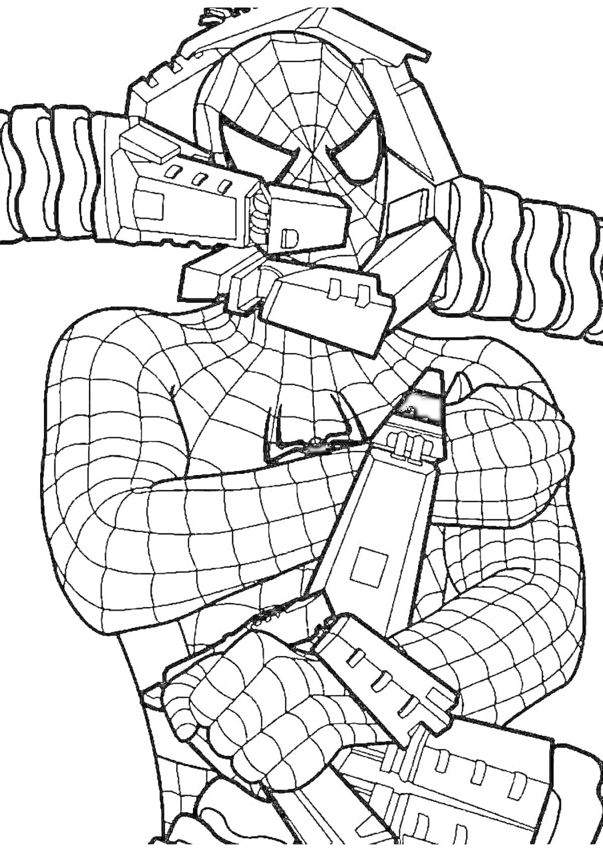 Раскраска раскраска Человек-паук, сражающийся с роботом, металлические щупальца, сетчатый костюм