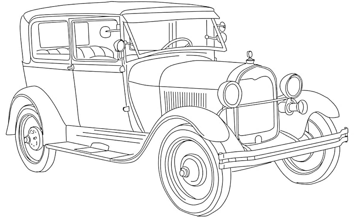 На раскраске изображено: Советский автомобиль, Ретро, Фары, Колёса, Запасное колесо, Старый автомобиль
