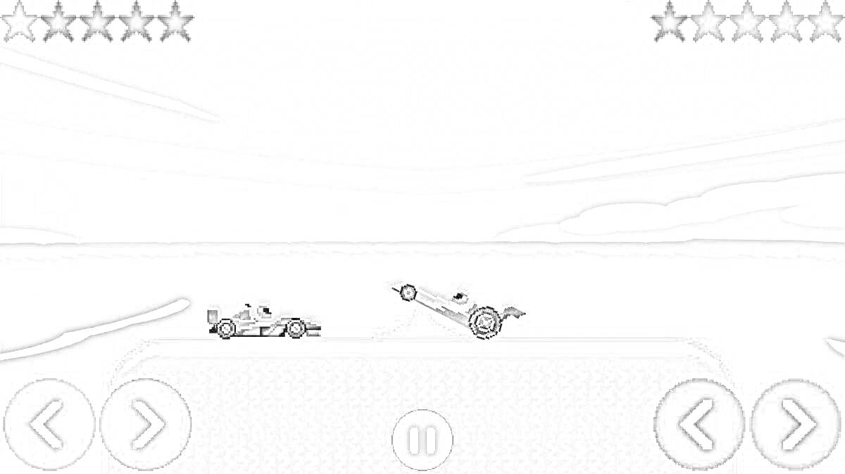 Раскраска Автомобильная битва на платформе (две машины в воздушной схватке, полосы здоровья, стрелки управления влево и вправо, кнопка паузы)