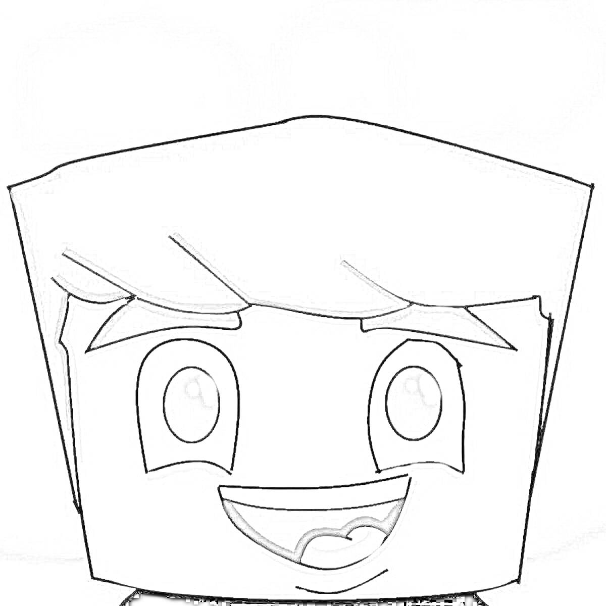 Раскраска Анимированный персонаж с квадратной головой и мечтательной улыбкой на фоне облаков