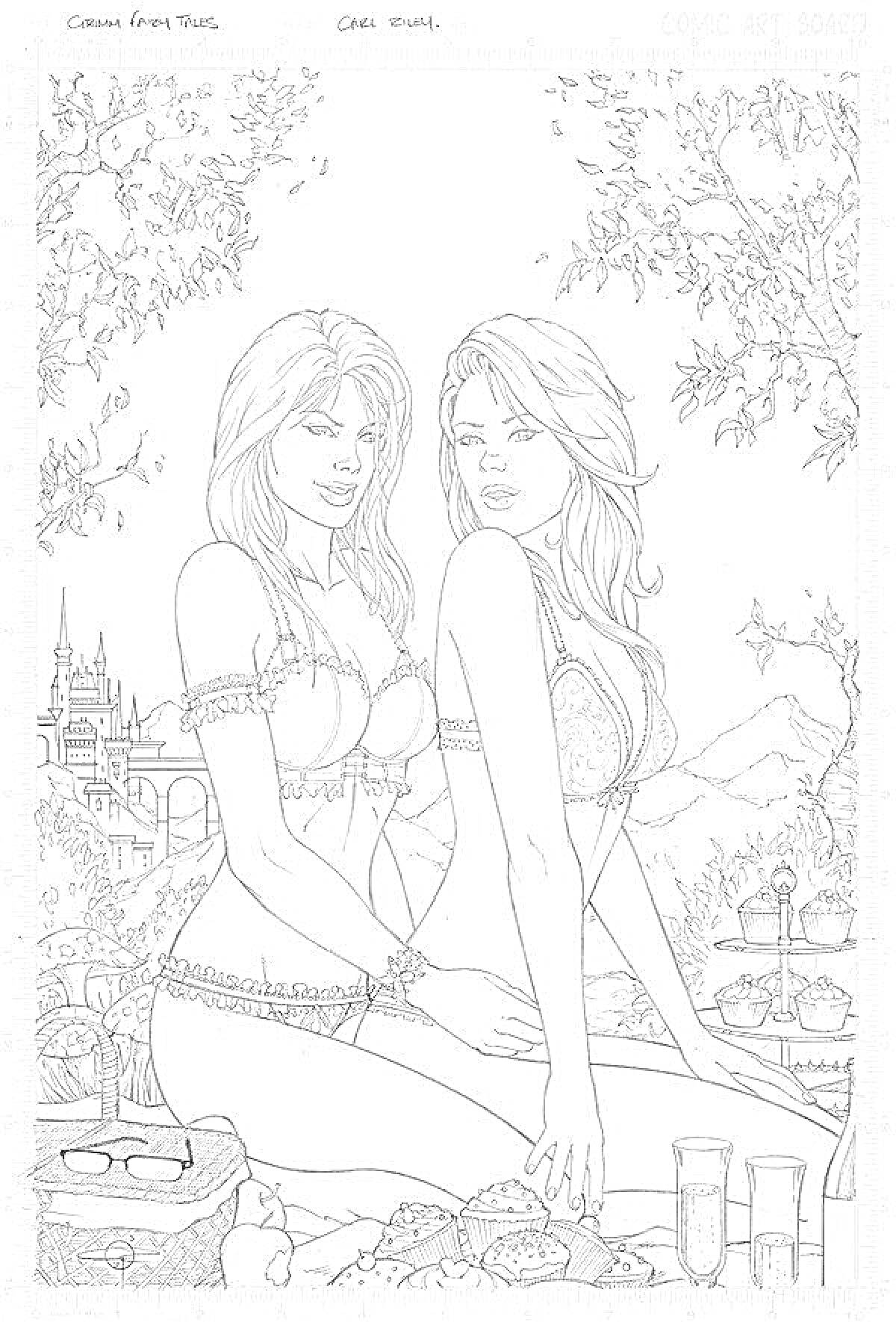 Раскраска Две женщины в откровенной одежде на пикнике, замок на заднем плане, природа