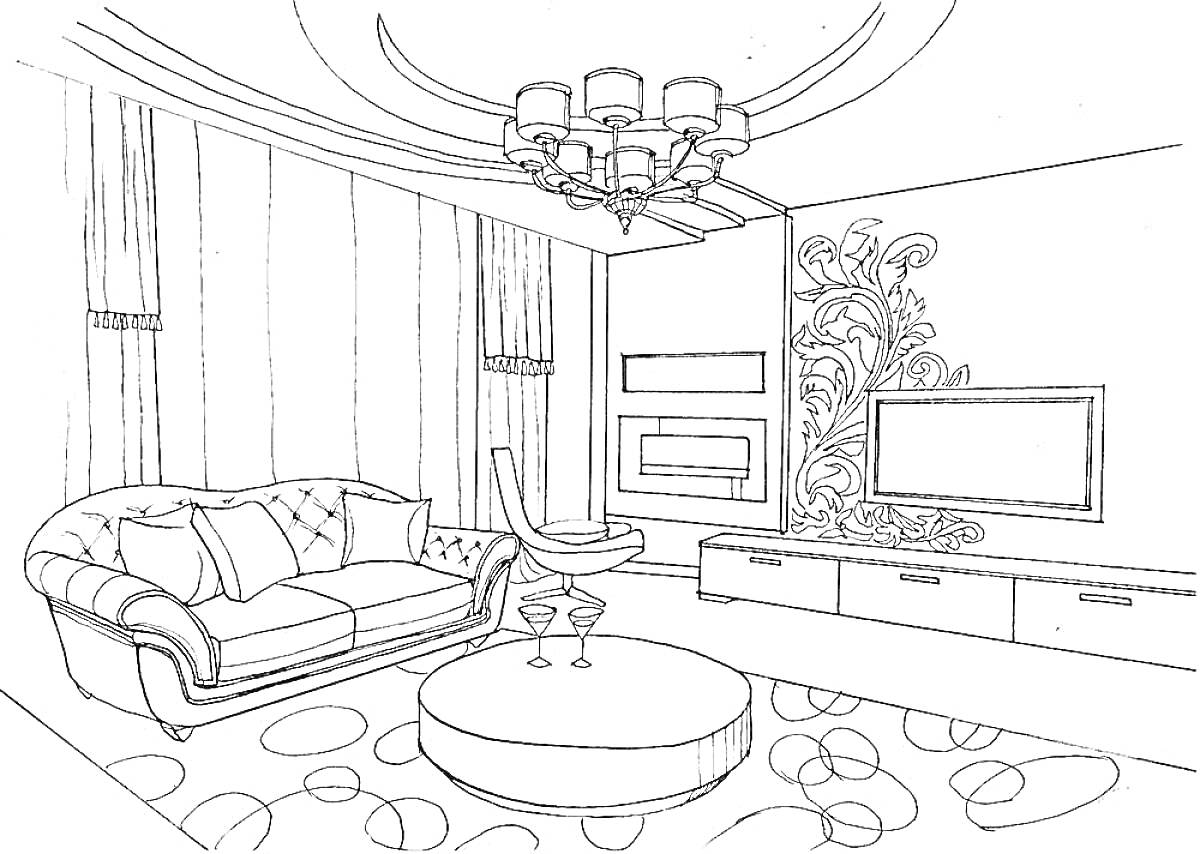 Раскраска Гостиная с диваном, круглым столом, телевизором и креслом
