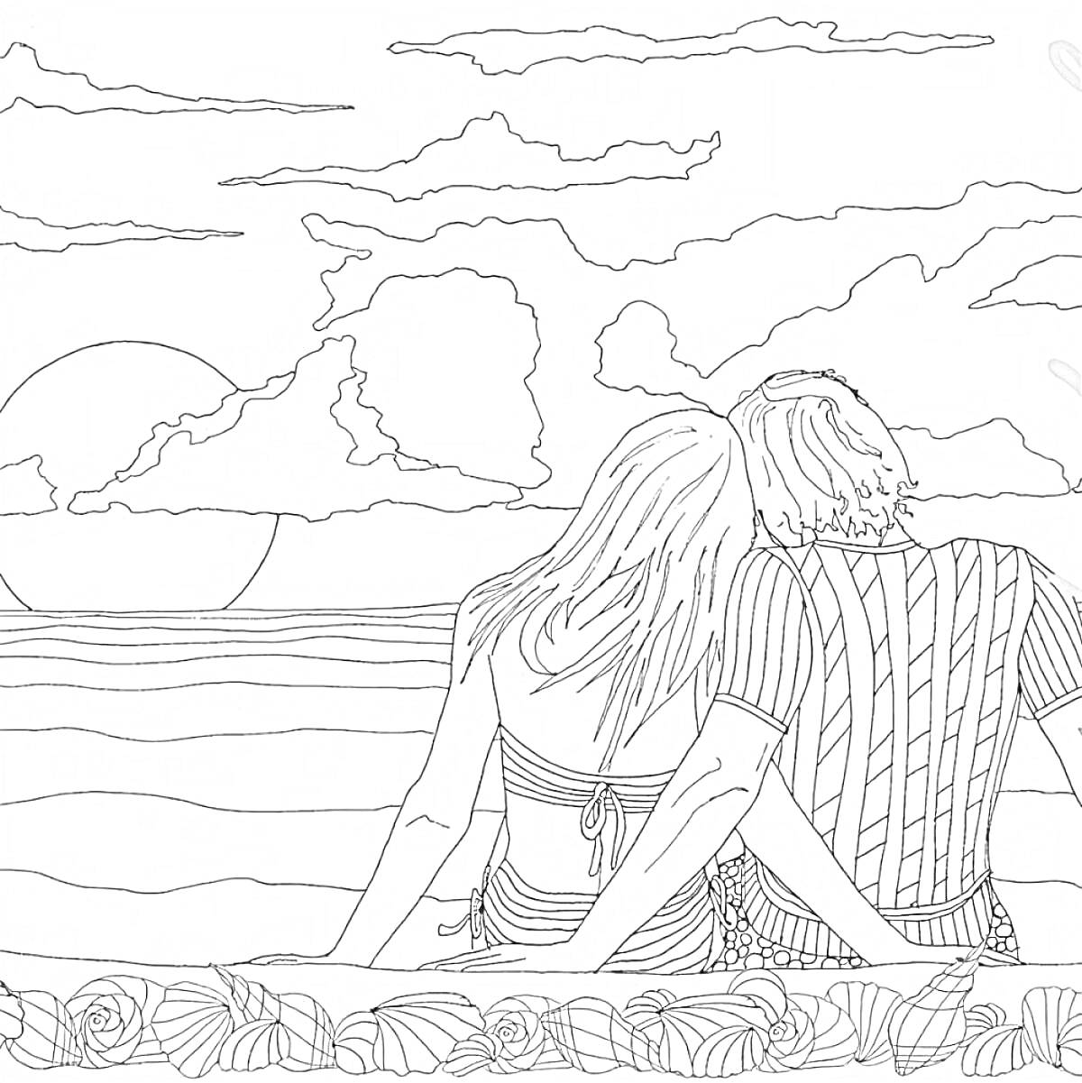 Раскраска Пара на пляже наблюдает закат с цветами на переднем плане