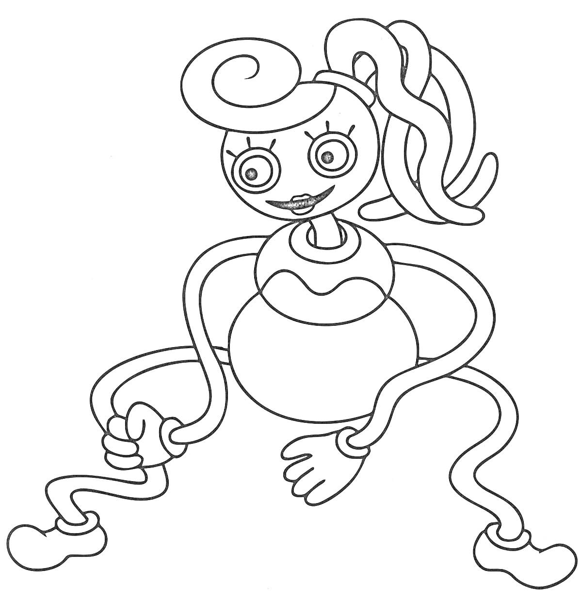 Раскраска Мама длинноногая с пучком волос, большими глазами и длинными руками и ногами в мультяшном стиле