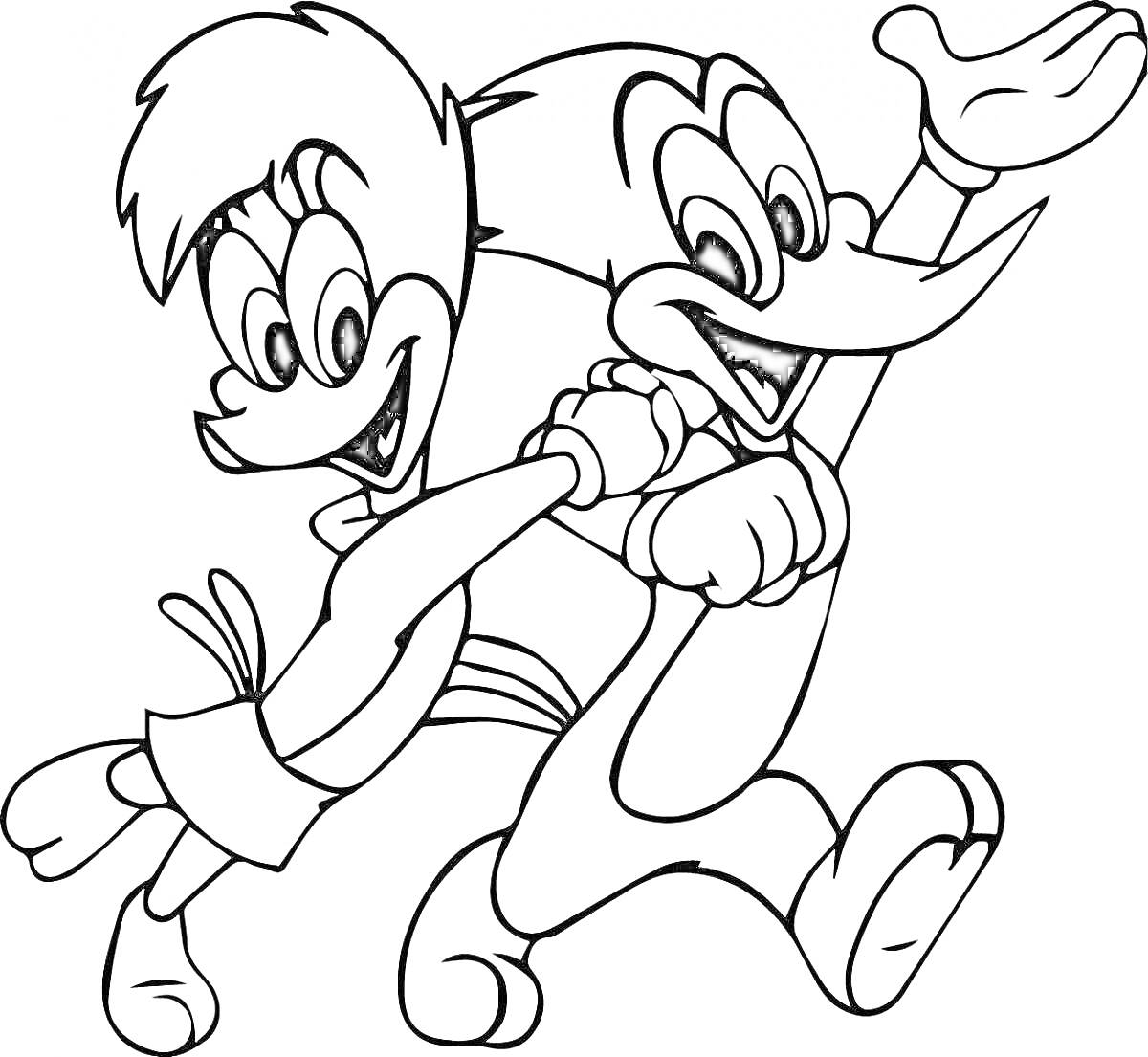 Раскраска Два мультяшных персонажа бегут, один из которых машет рукой