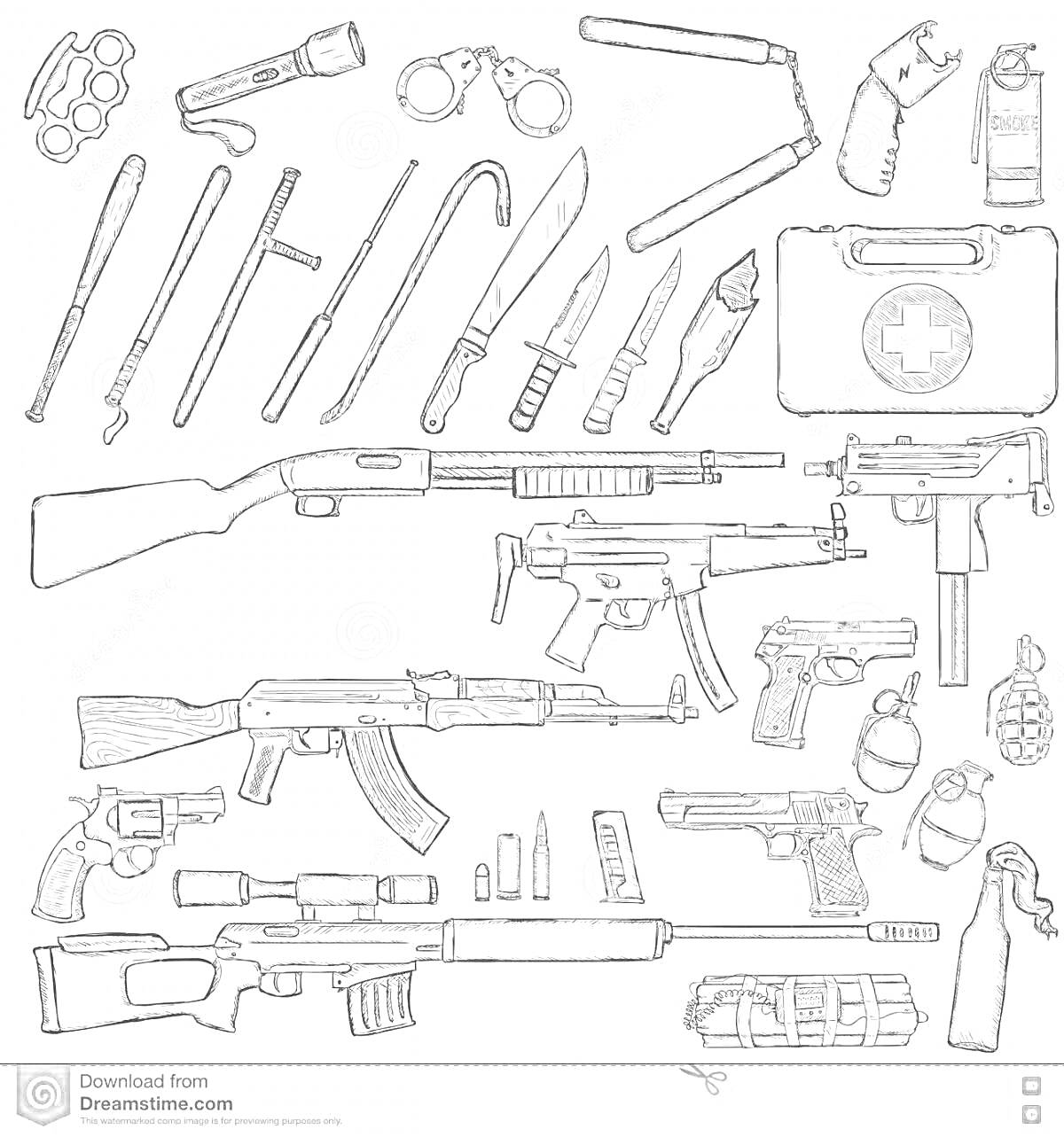 Раскраска Набор оружий и военного снаряжения, включая ножи, пистолеты, автоматы, винтовки, гранаты, наручники, дубинки, аптечку, фонарик, кастет