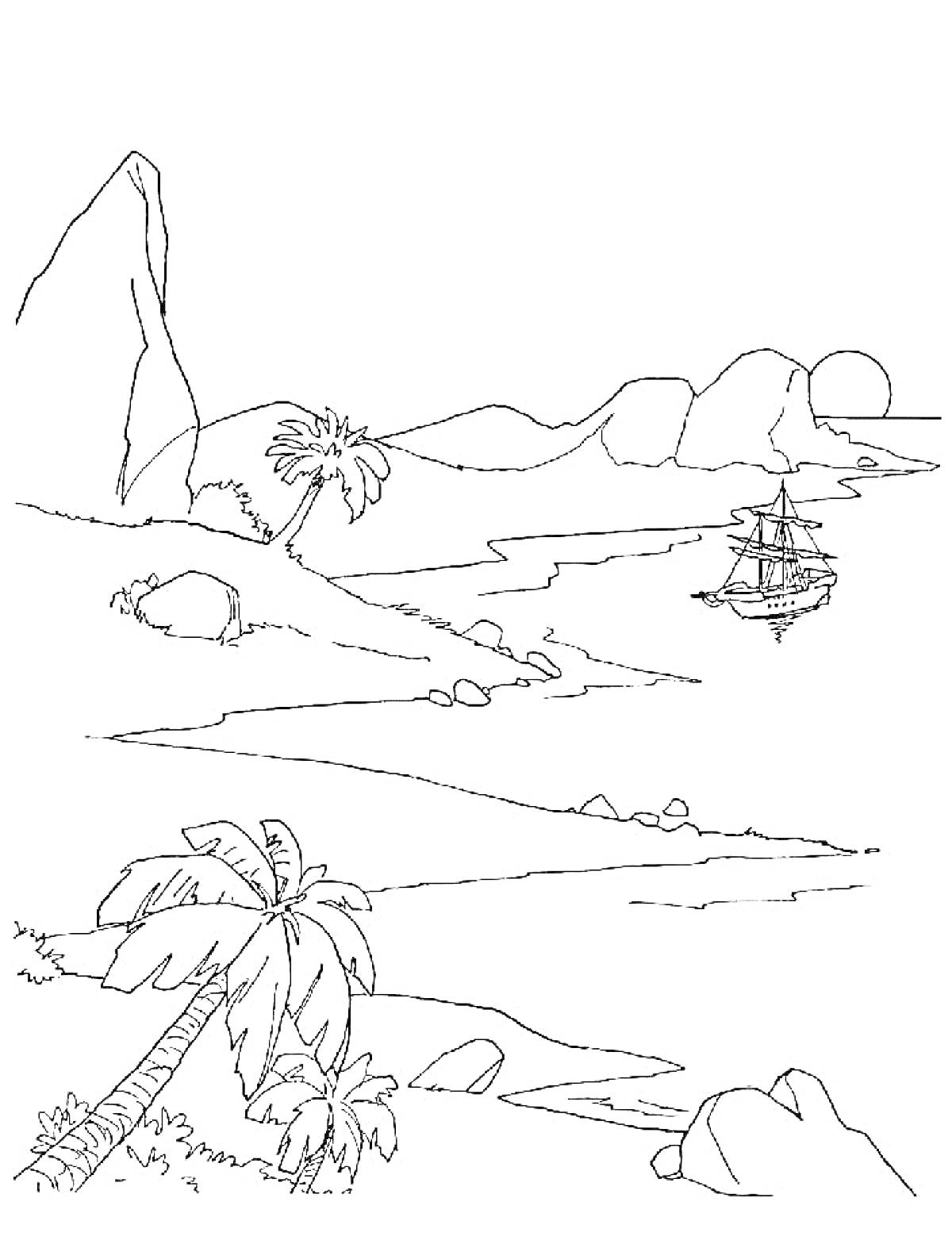 Пейзаж с кораблем в море, пальмой, горами и заходящим солнцем