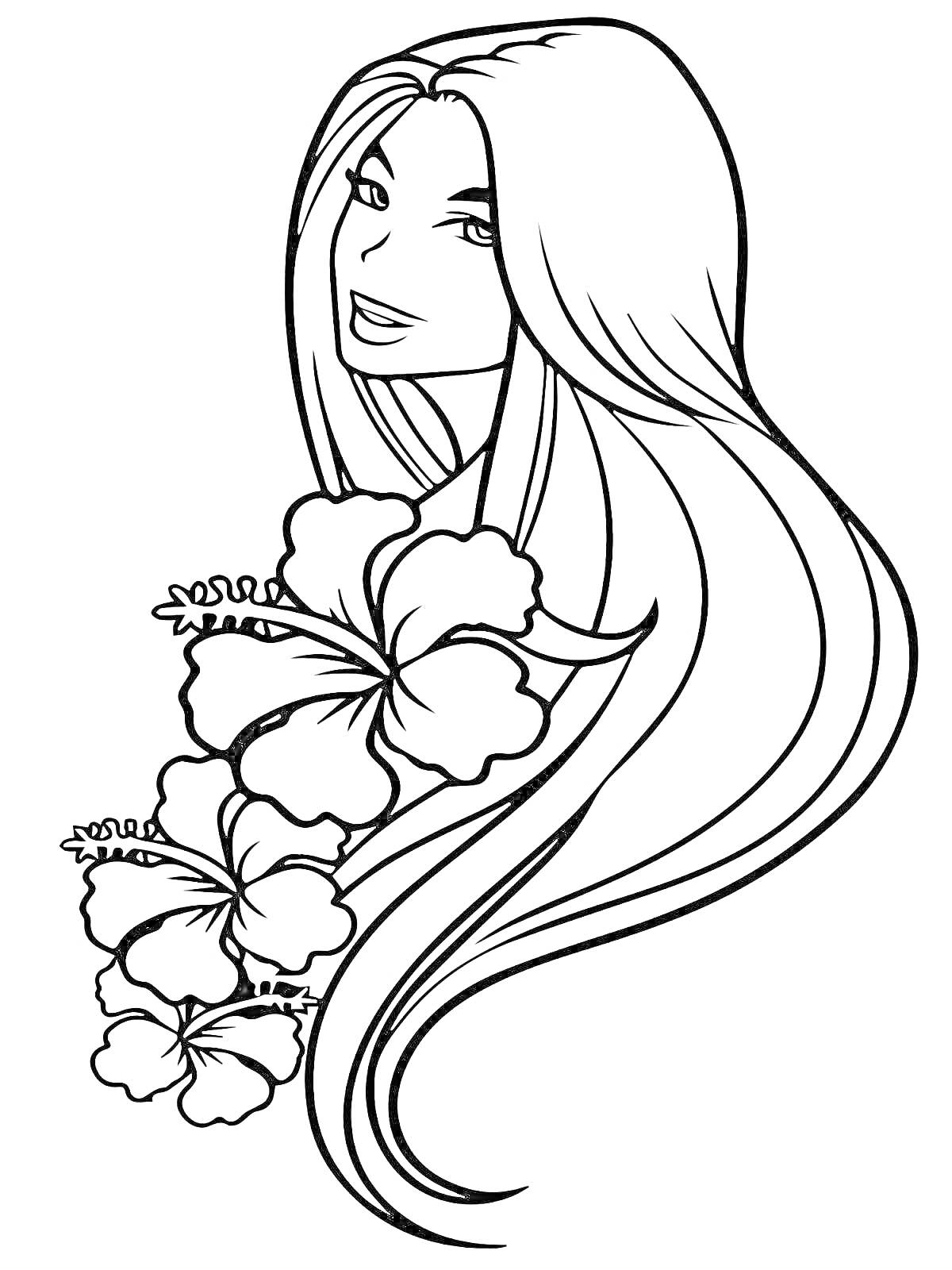 Раскраска девушка с длинными волосами и цветами гибискуса