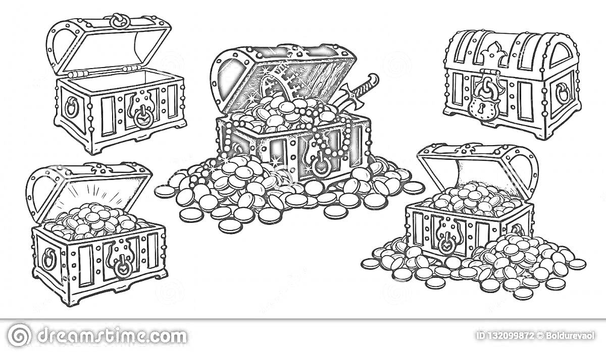 На раскраске изображено: Сундуки, Сокровища, Клад, Монеты, Драгоценности, Меч, Контурные рисунки