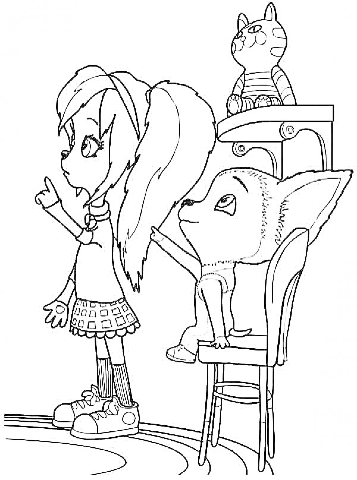 Раскраска Девочка с длинными ушами, мальчик на стуле и котенок на столе