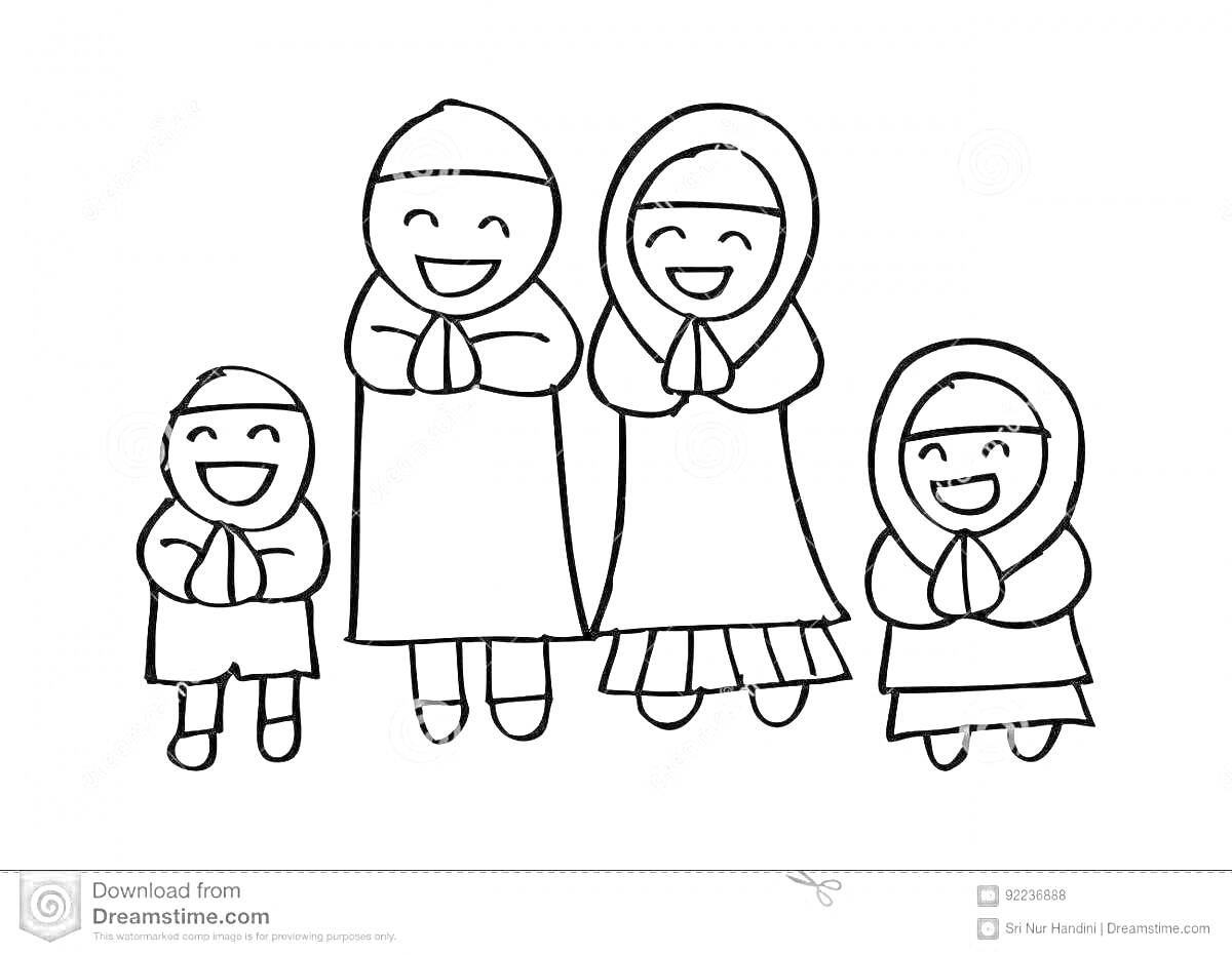Раскраска Мусульманская семья, улыбающаяся, в традиционной одежде, с поднятыми для молитвы руками