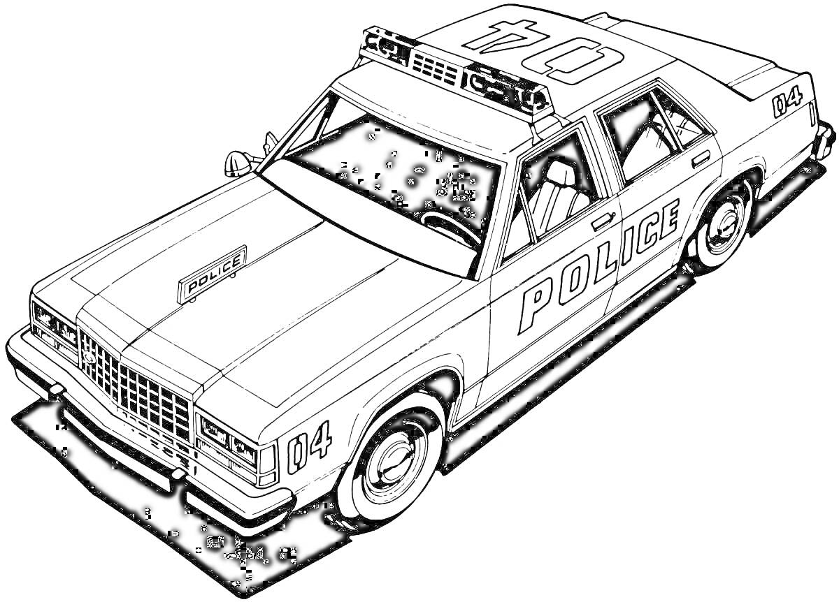 На раскраске изображено: Полицейский автомобиль, Полиция, Полицейская машина