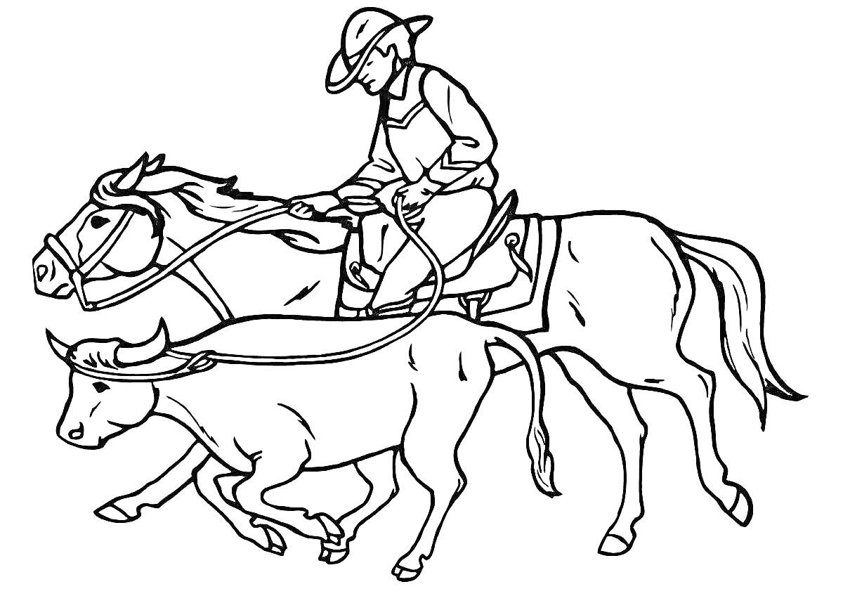 На раскраске изображено: Всадник, Лошадь, Корова, Верховая езда, Ферма, Животные, Ковбои