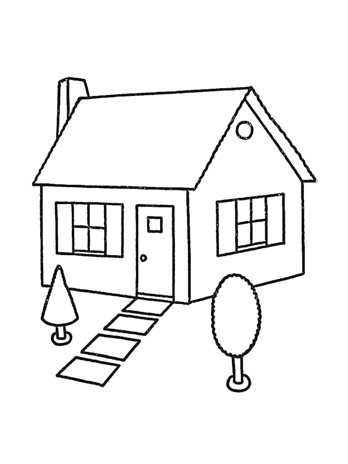 На раскраске изображено: Дом, Крыша, Окна, Дверь, Дорожка, Деревья, Контур, Для детей