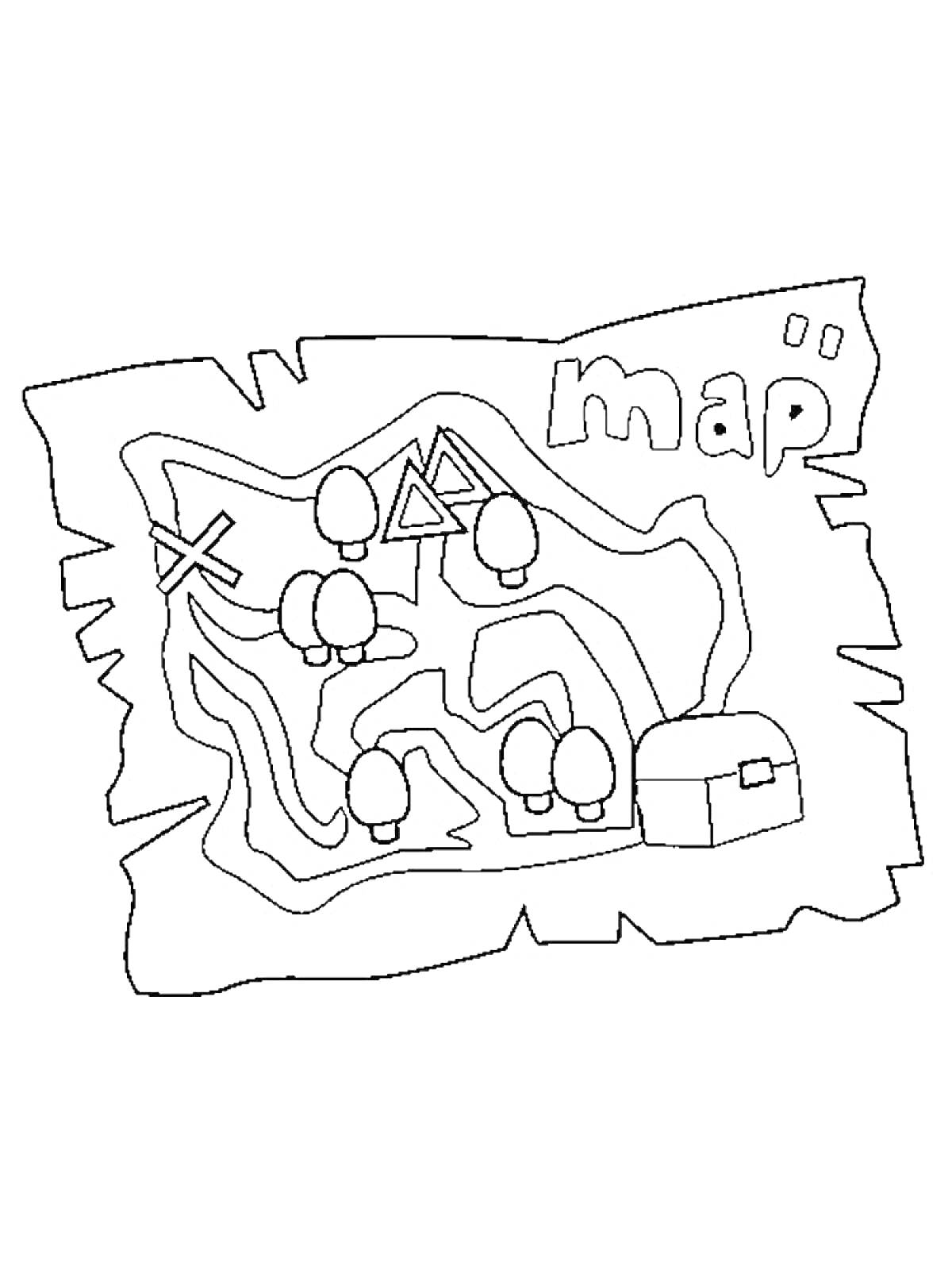 Раскраска Карта сокровищ с деревьями, крестом, треугольниками, сундуком и надписью 