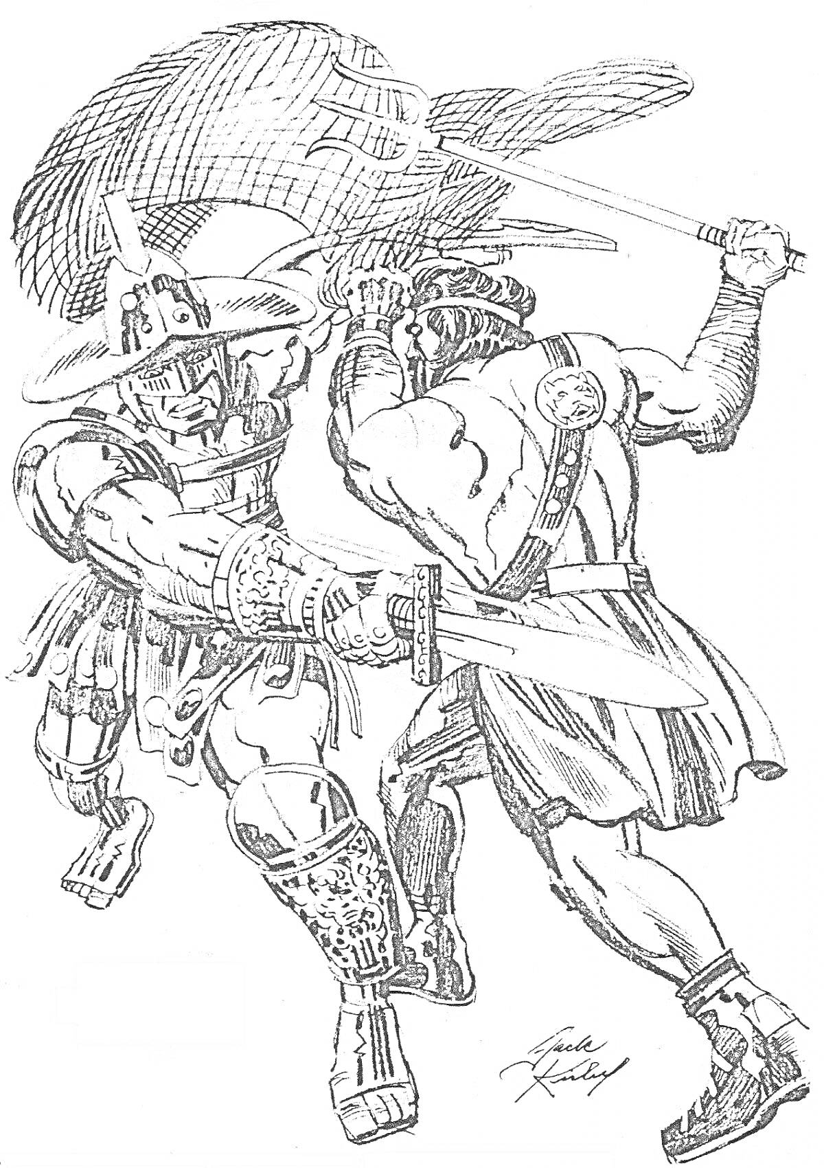 Раскраска Два гладиатора с мечами и щитами в бою